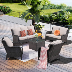 Ovios Patio Kenard 5-Piece Conversation Set with Loveseat and Tempered Glass Table