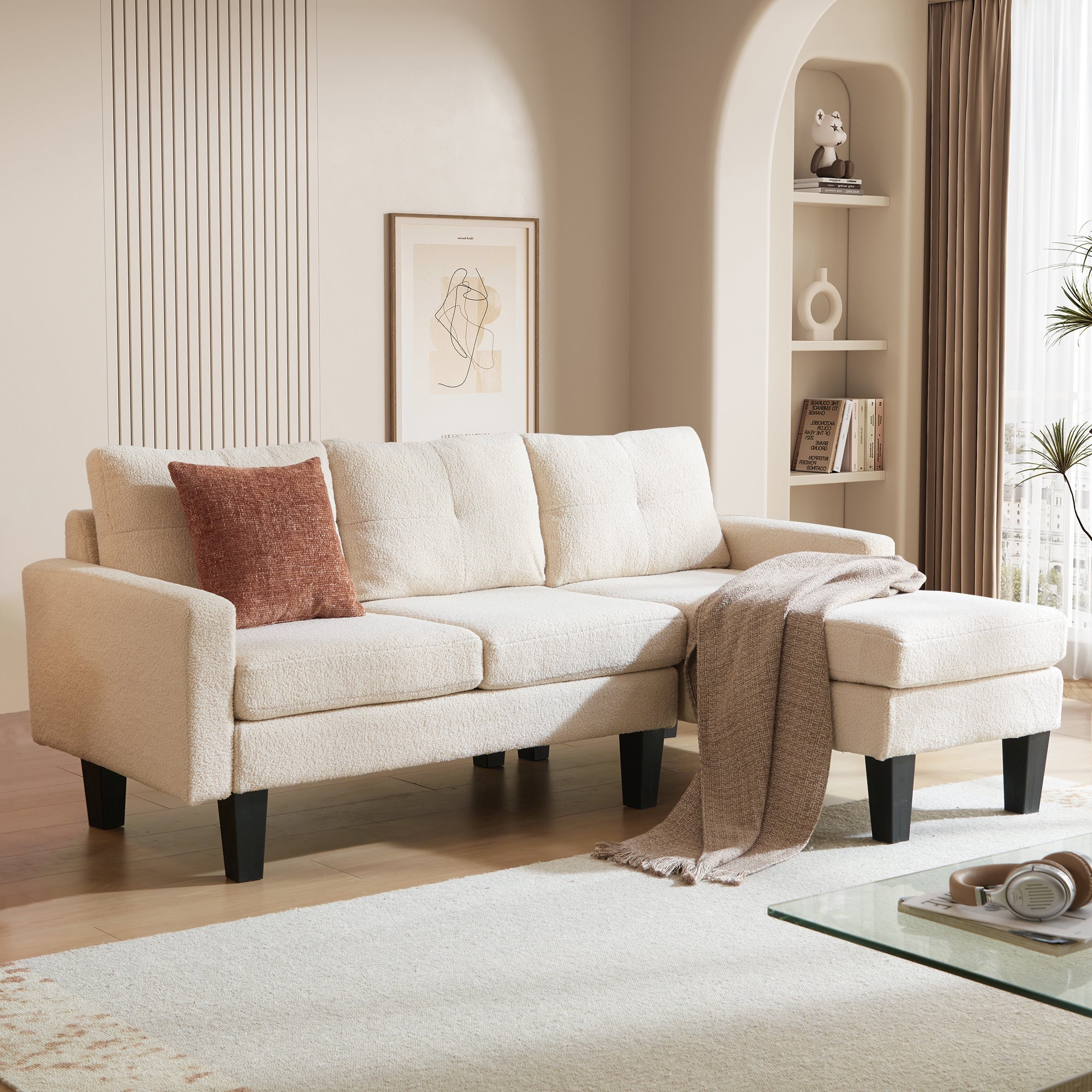 OVIOS 80" Small L Shape Sofa, Teddy Velvet Fabric