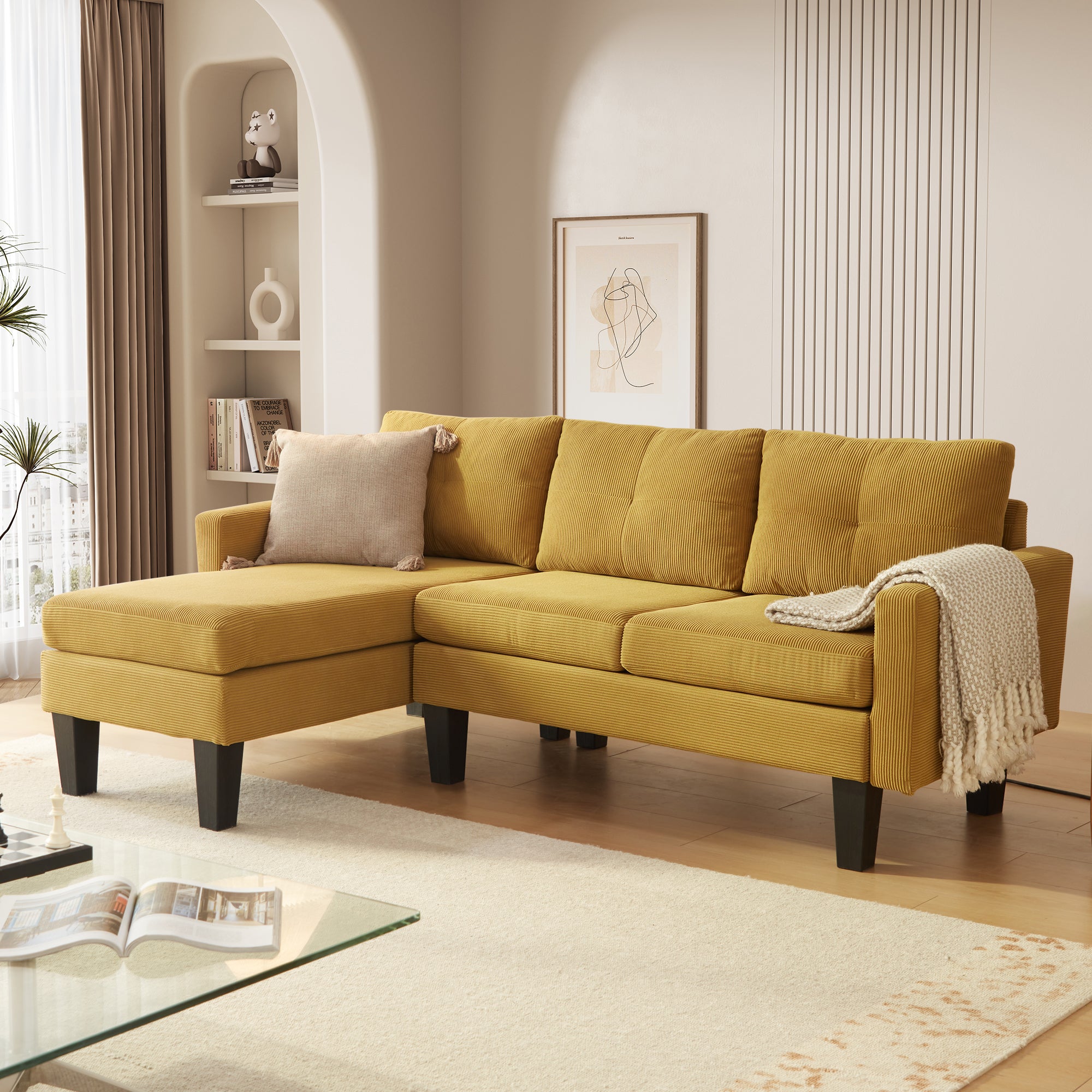 OVIOS 80" Small L Shape Sofa, Corduroy Fabric