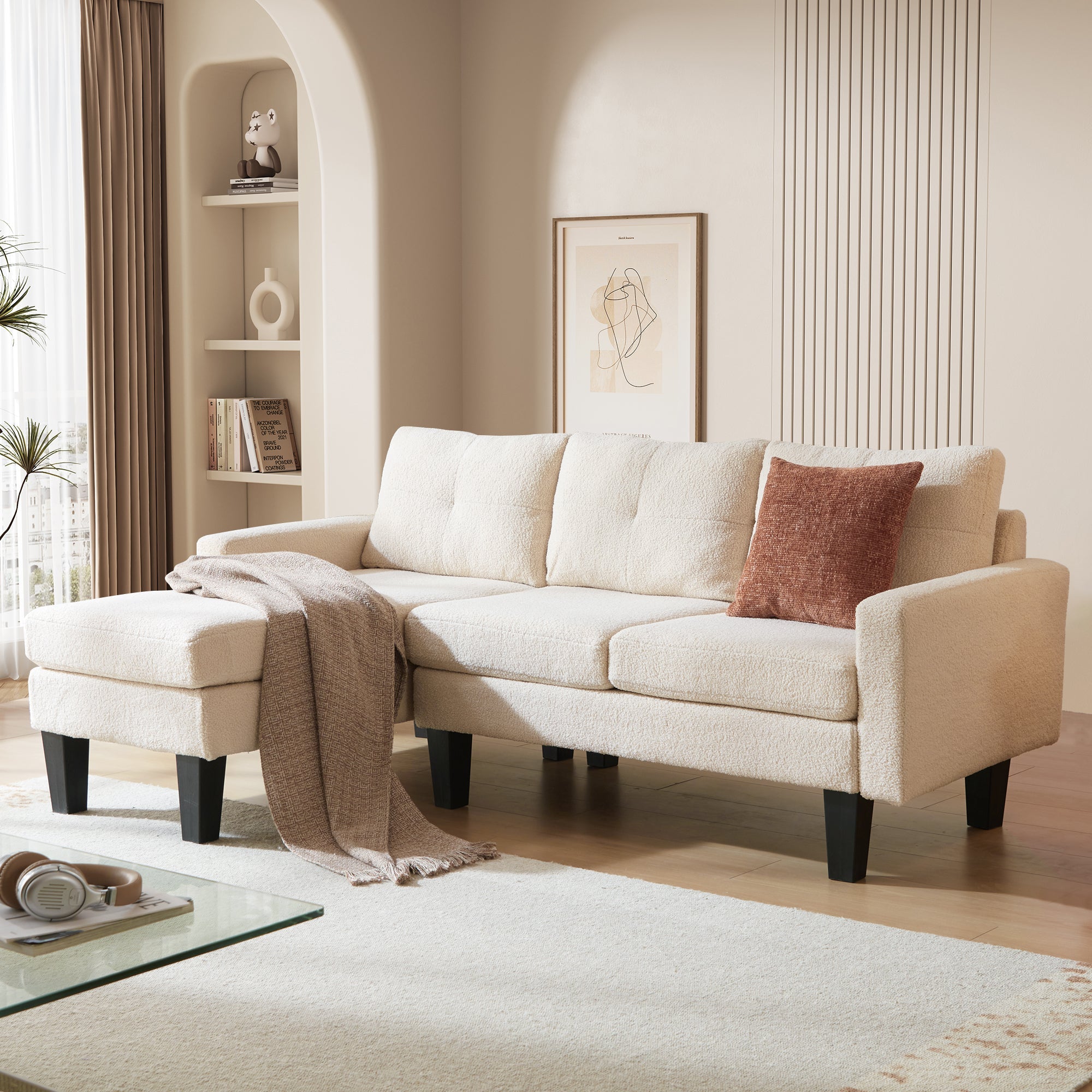 OVIOS 80" Small L Shape Sofa, Teddy Velvet Fabric