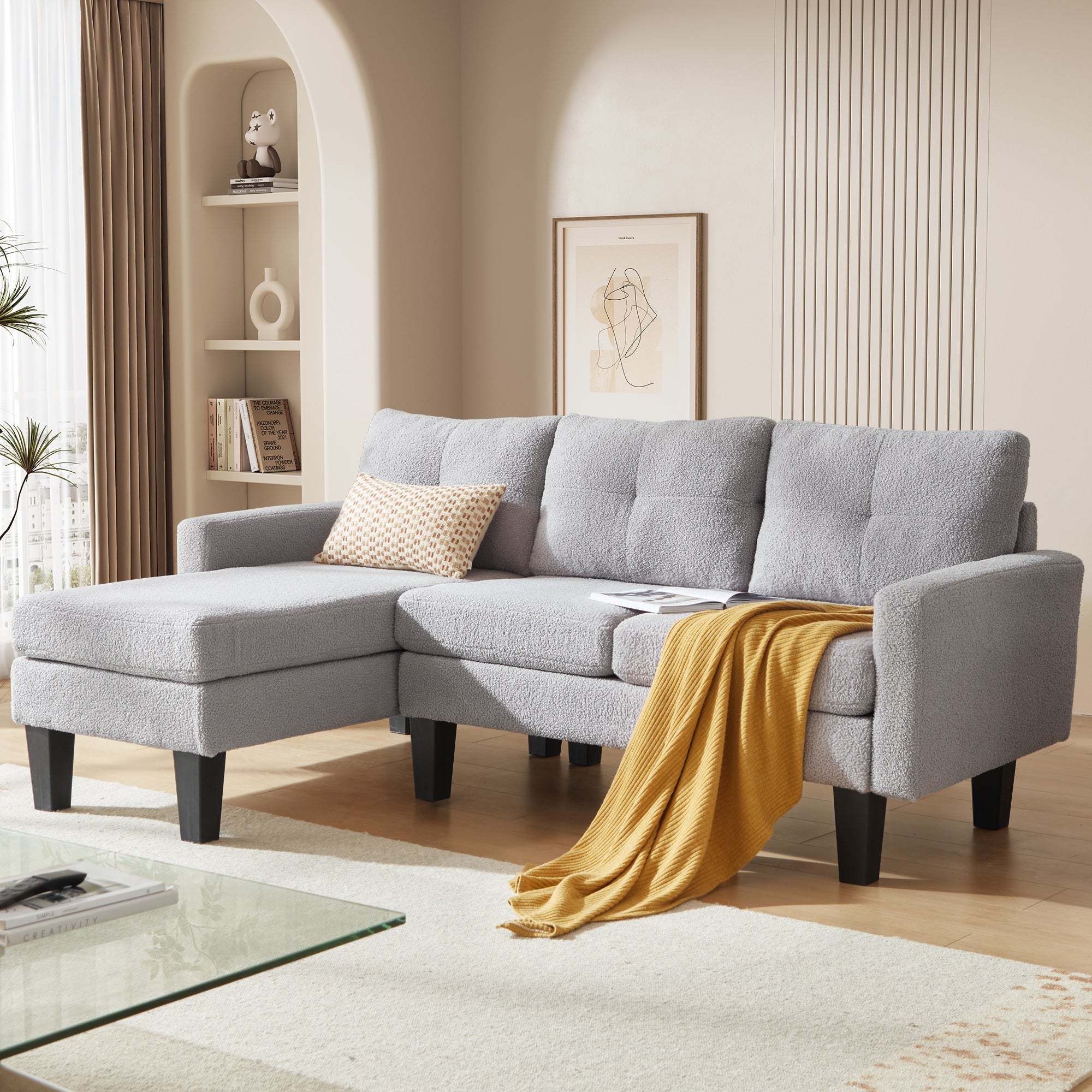 OVIOS 80" Small L Shape Sofa, Teddy Velvet Fabric