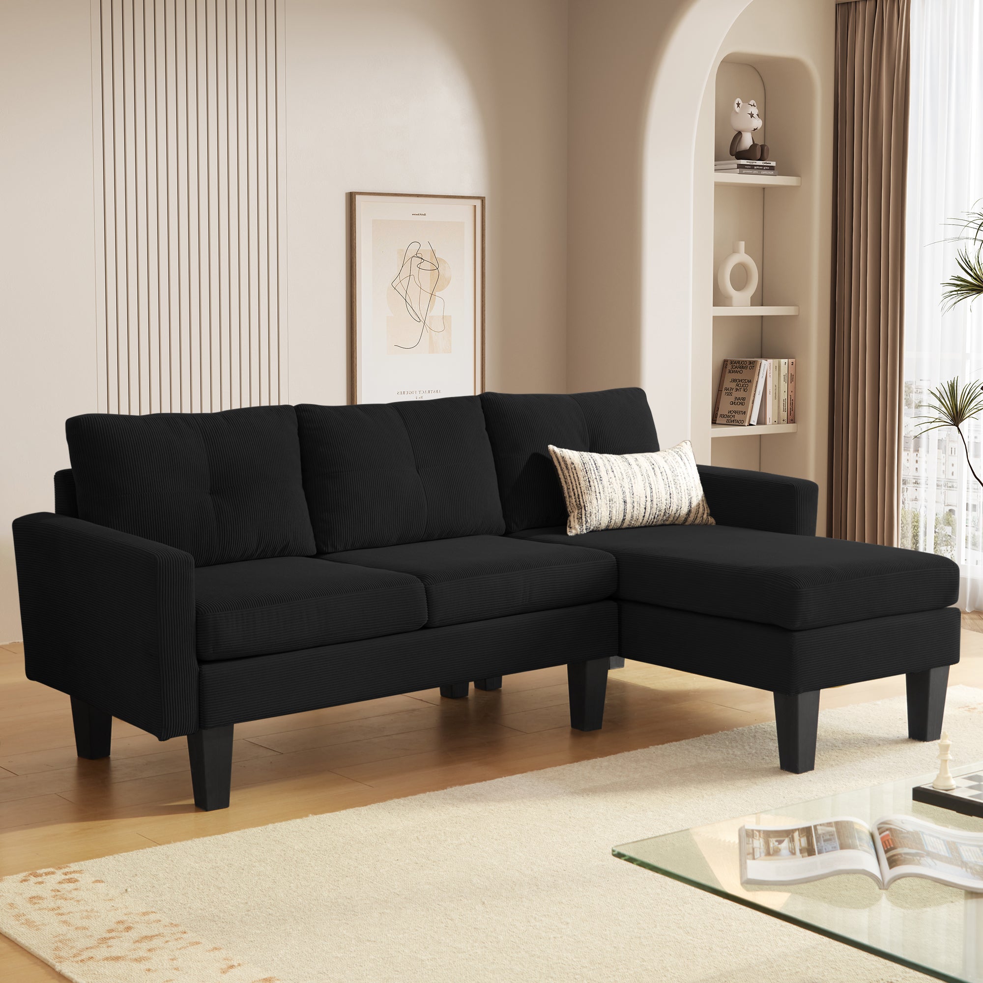 OVIOS 80" Small L Shape Sofa, Corduroy Fabric