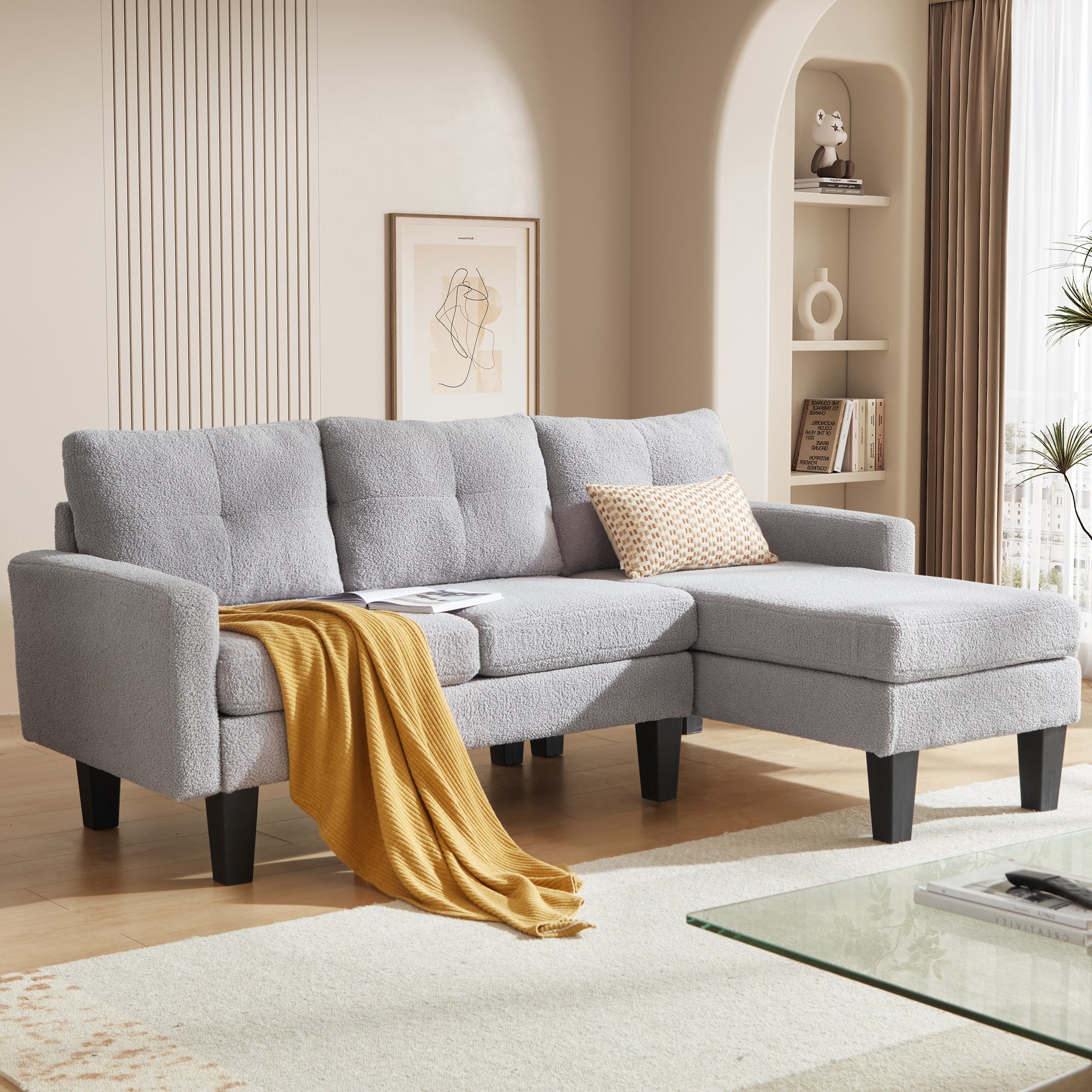 OVIOS 80" Small L Shape Sofa, Teddy Velvet Fabric