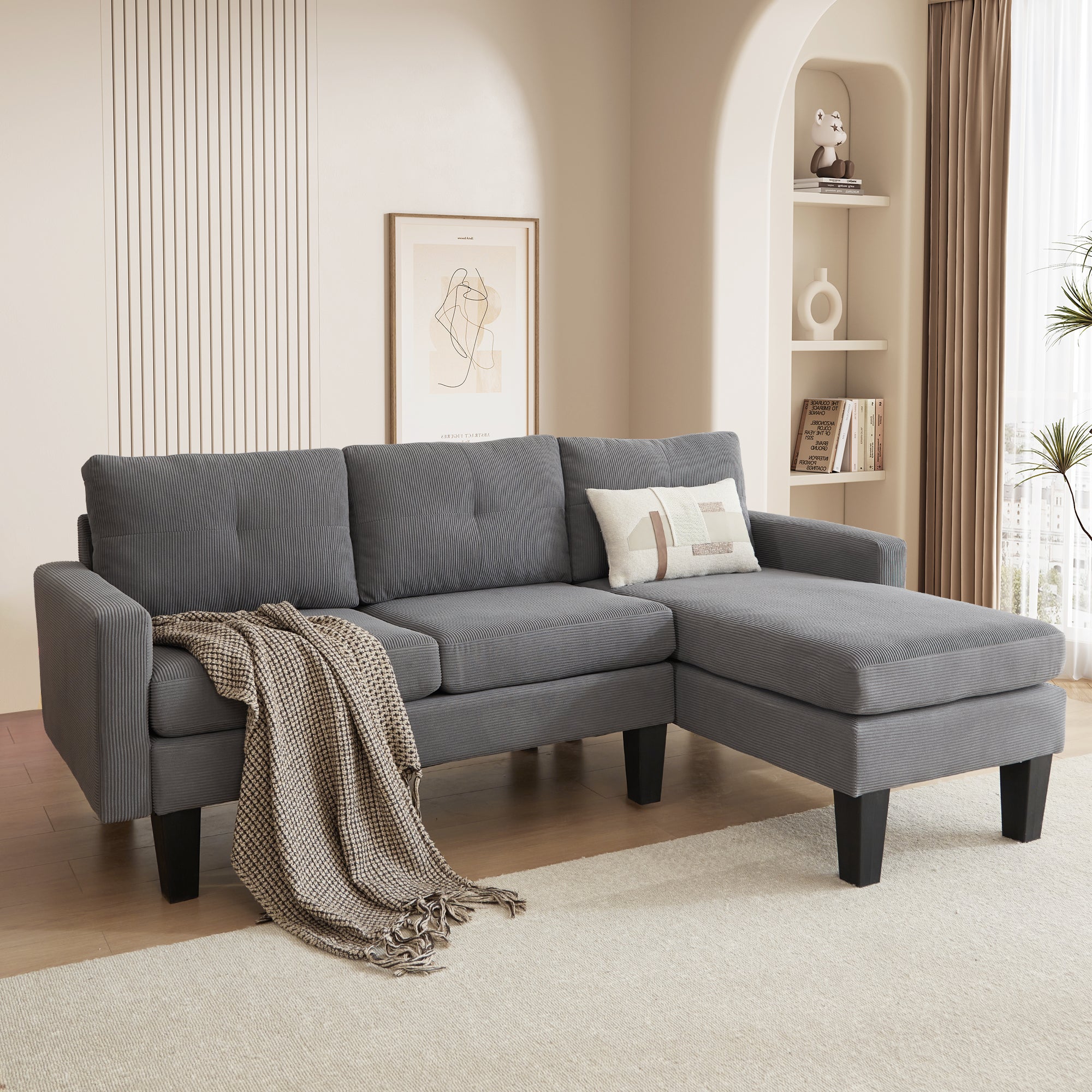 OVIOS 80" Small L Shape Sofa, Corduroy Fabric