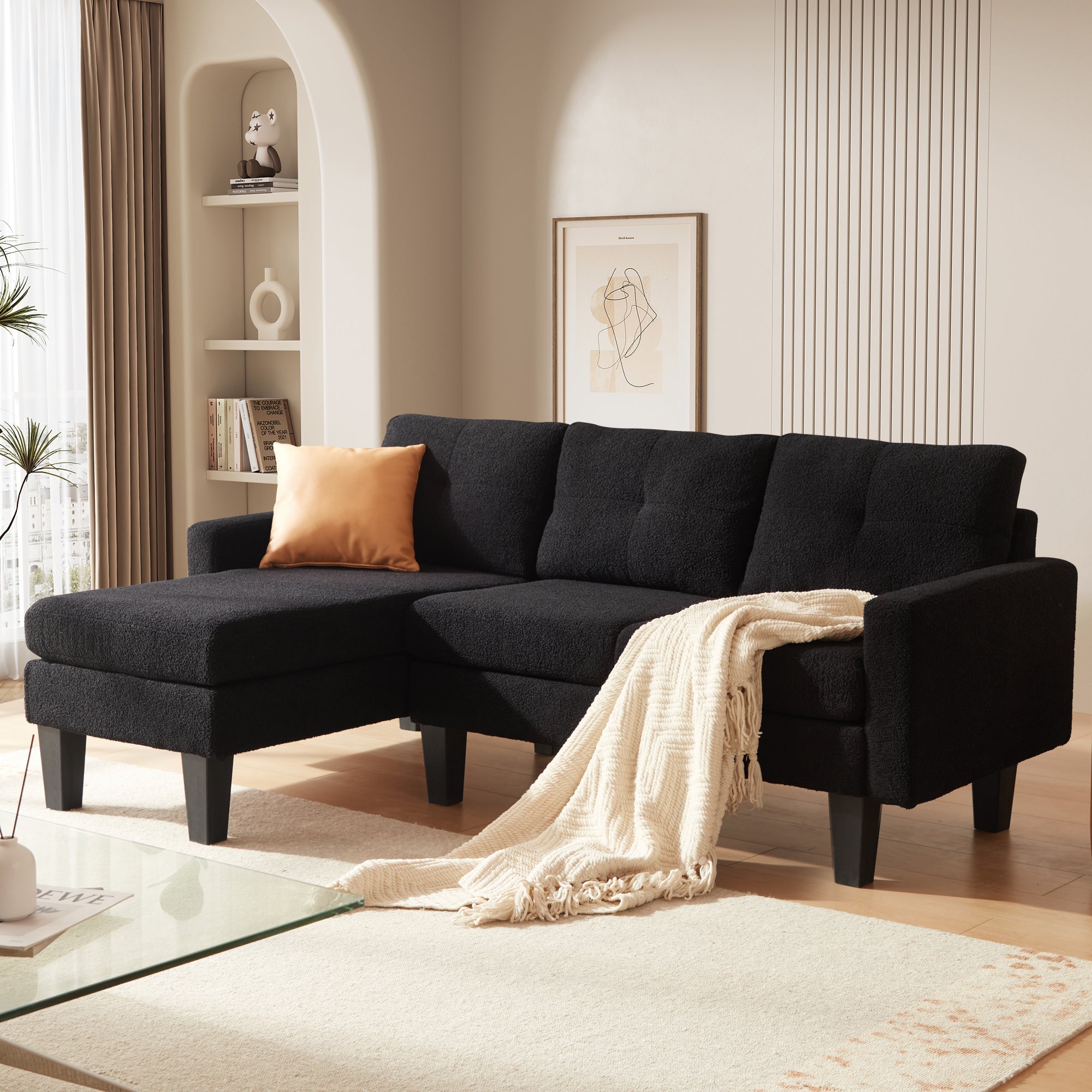 OVIOS 80" Small L Shape Sofa, Teddy Velvet Fabric