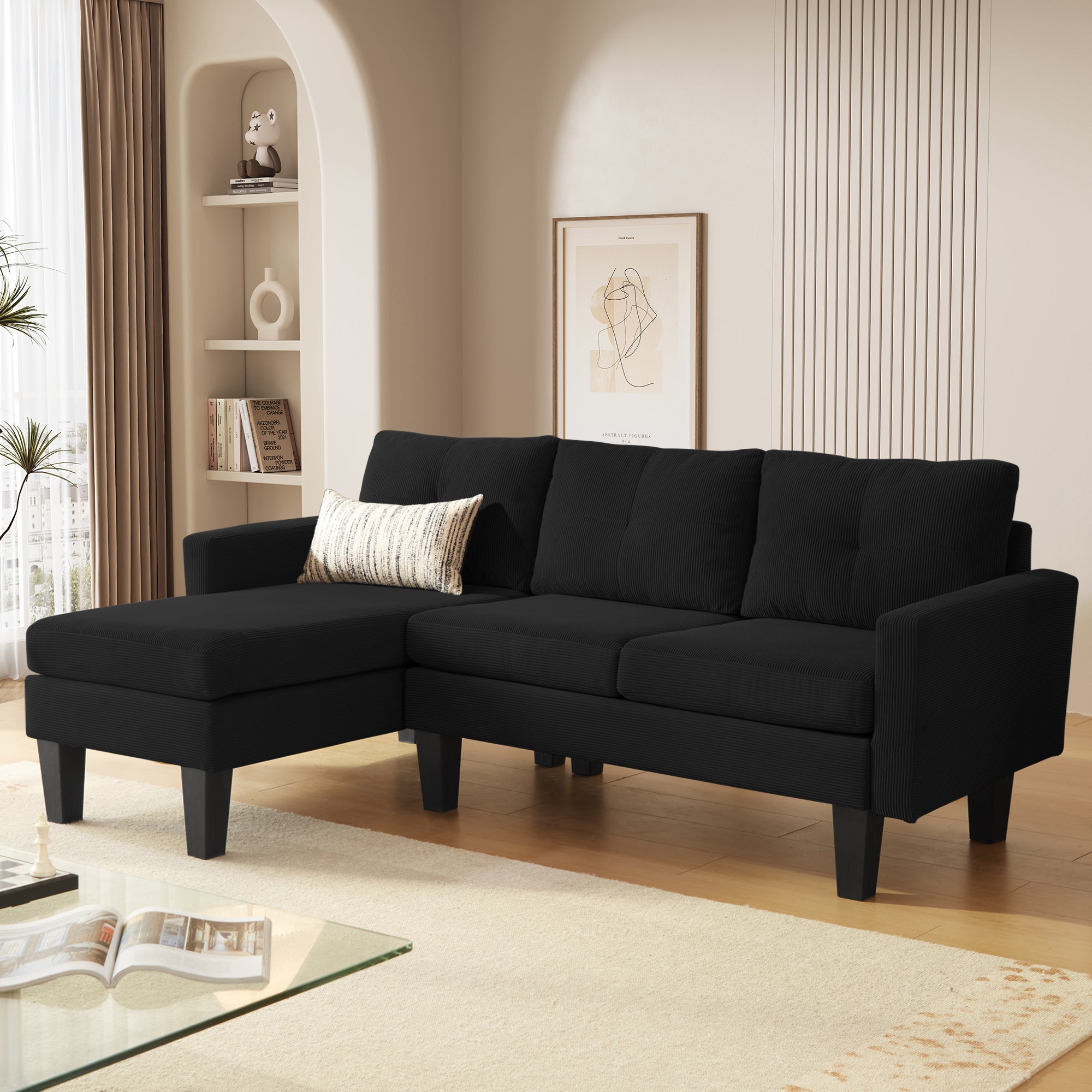 OVIOS 80" Small L Shape Sofa, Corduroy Fabric