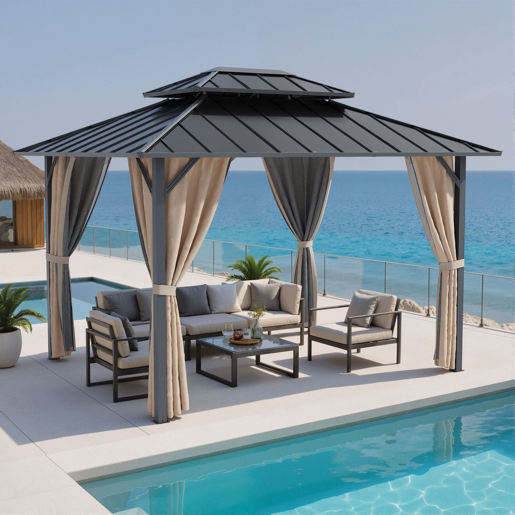 Hardtop Gazebo Double Tier Steel Roof Outdoor Patio Gazebo Curtains & Netting Backyard Lawn Garden