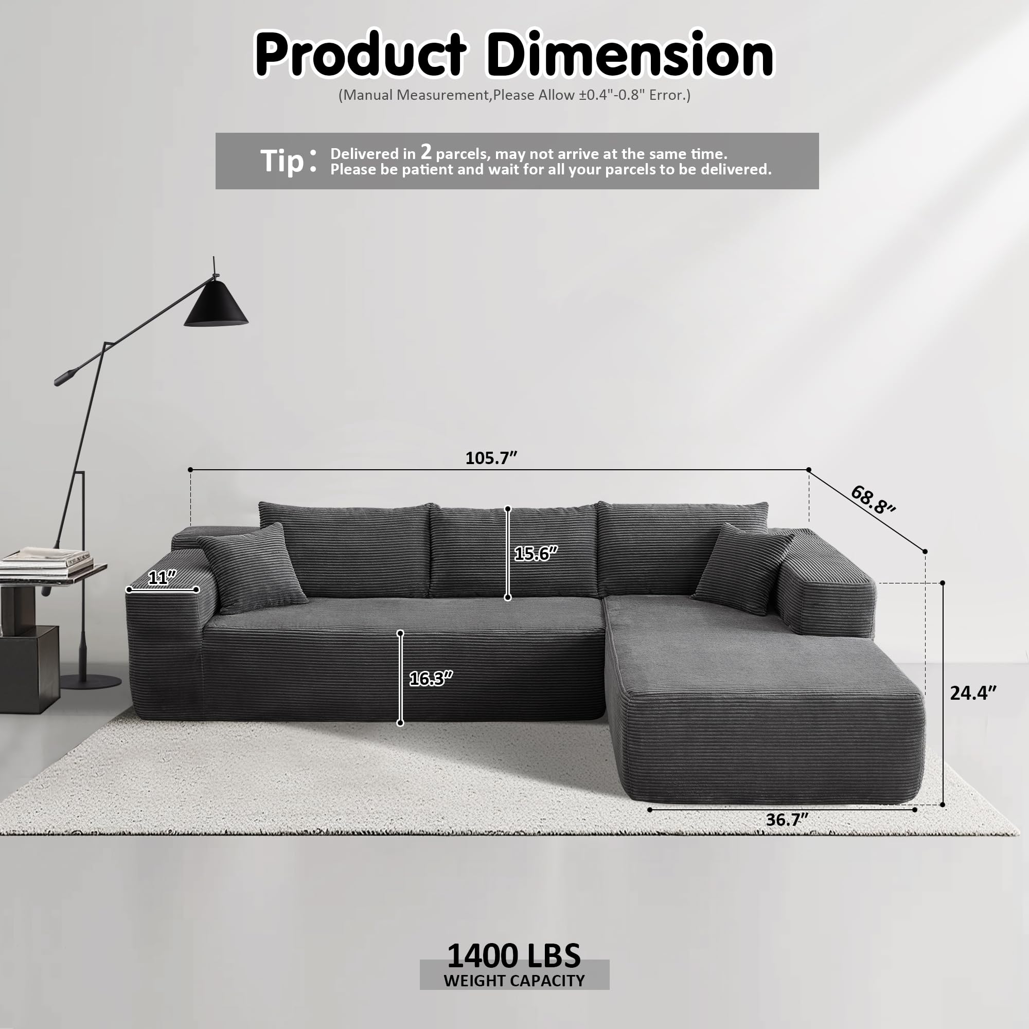 OVIOS 104" L-Shape Modular Couch with Chaise,Corduroy Fabric,No Assembly Required