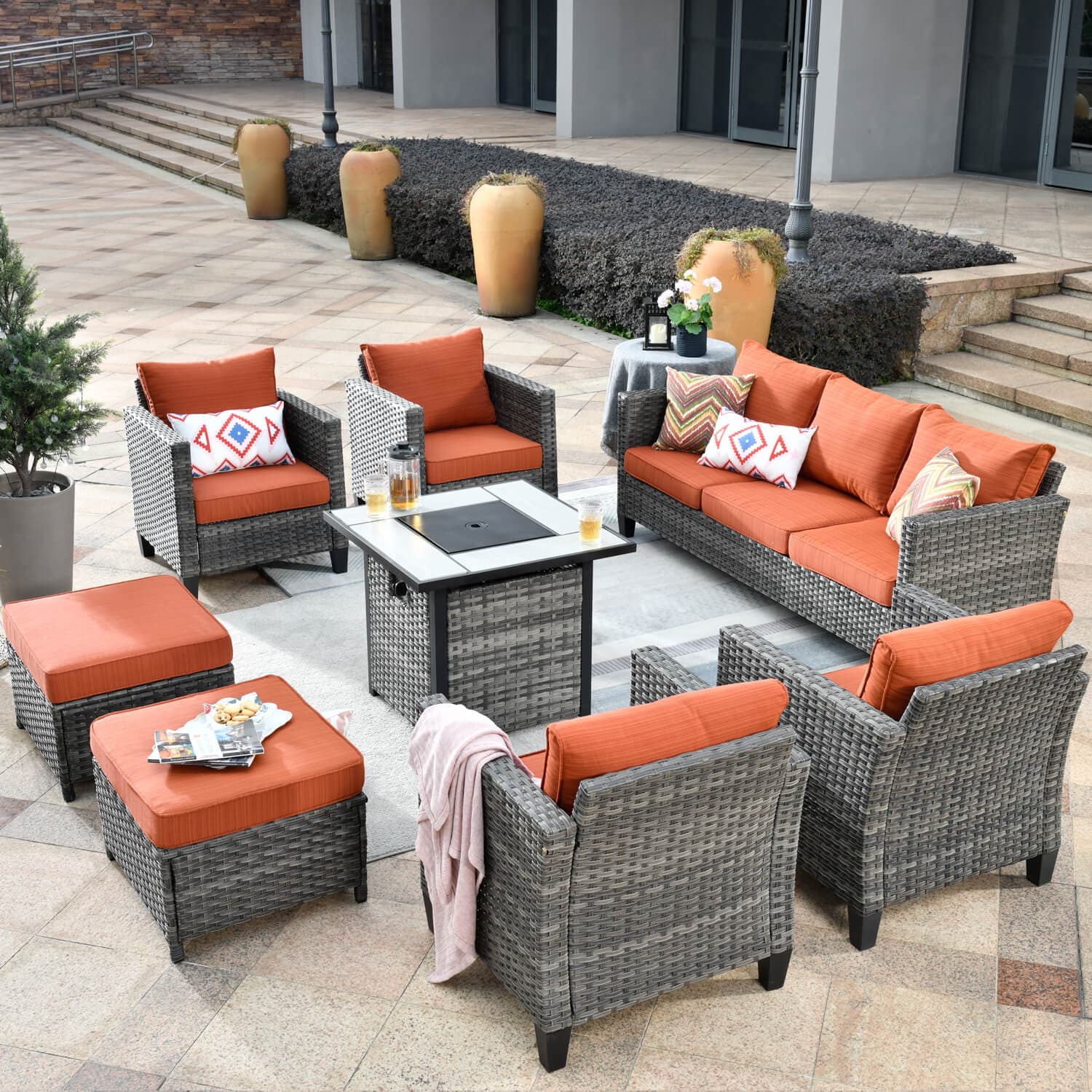 Ovios Patio Vultros 8-Piece Conversation Set with 30'' Propane Fire Pit Table