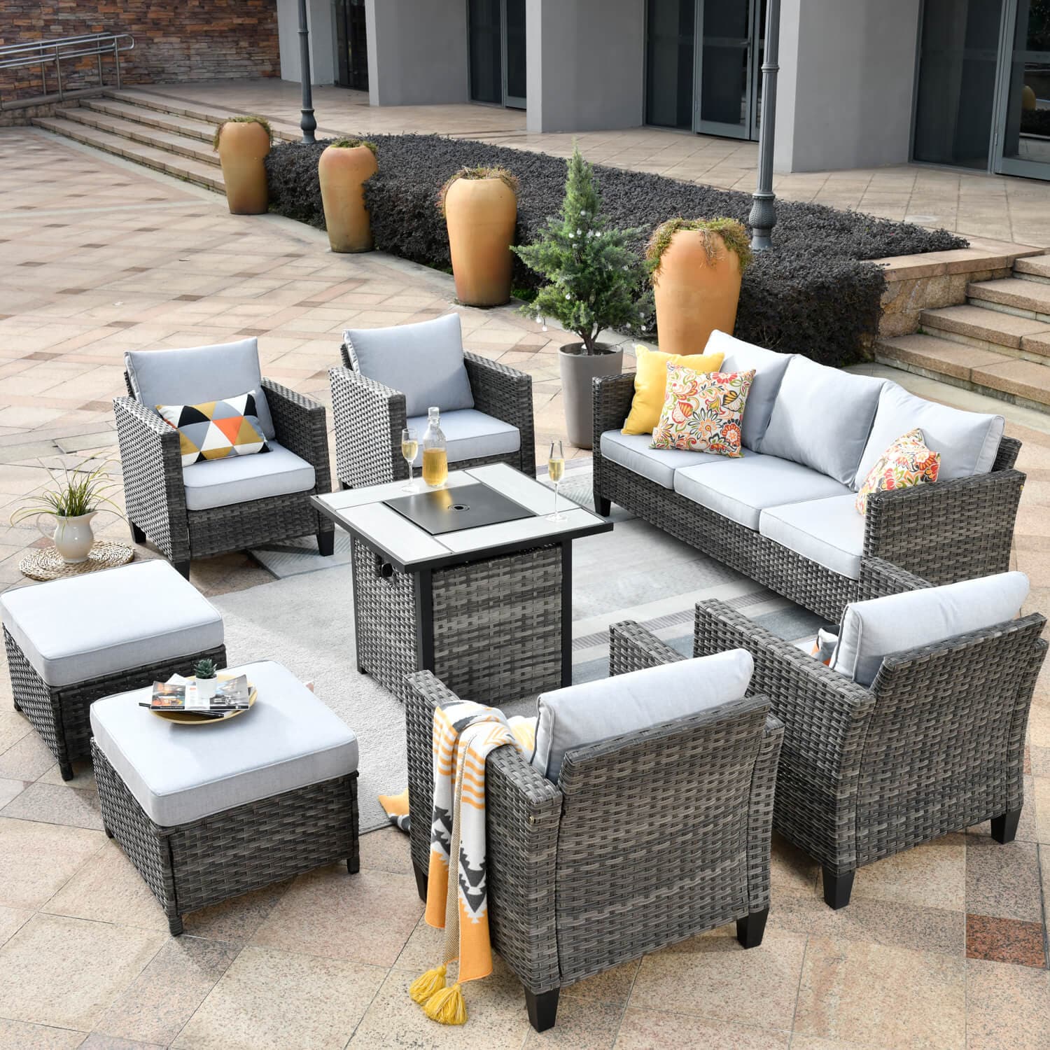 Ovios Patio Vultros 8-Piece Conversation Set with 30'' Propane Fire Pit Table