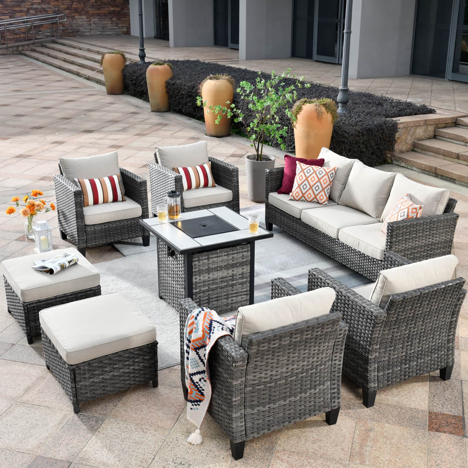 Ovios Patio Vultros 8-Piece Conversation Set with 30'' Propane Fire Pit Table