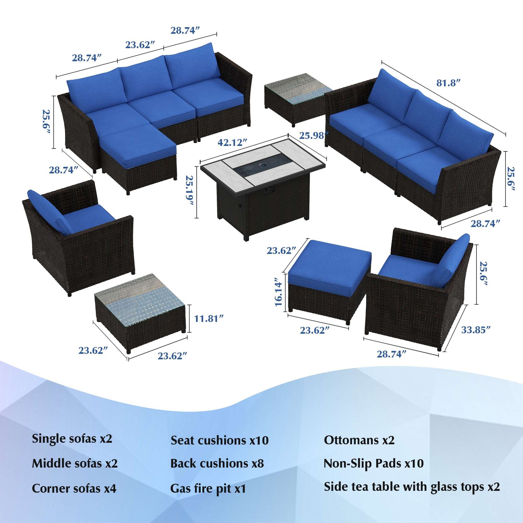 Ovios Patio Conversation Set Rimaru 13-Piece with 42'' Rectangle Propane Fire Pit Table