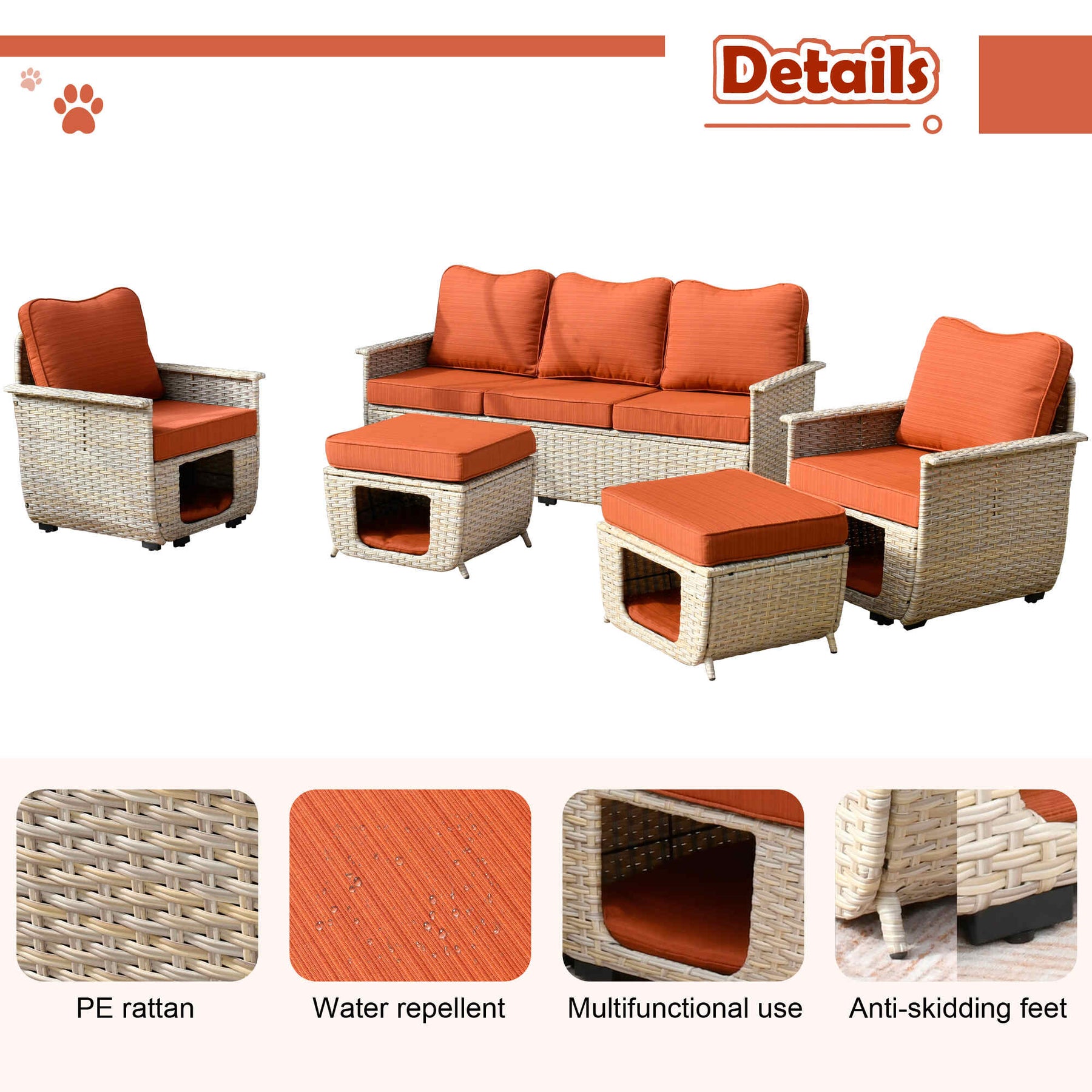 Ovios Patio Conversation Set 5 Pieces Beige Wicker with Multifunctional Storage