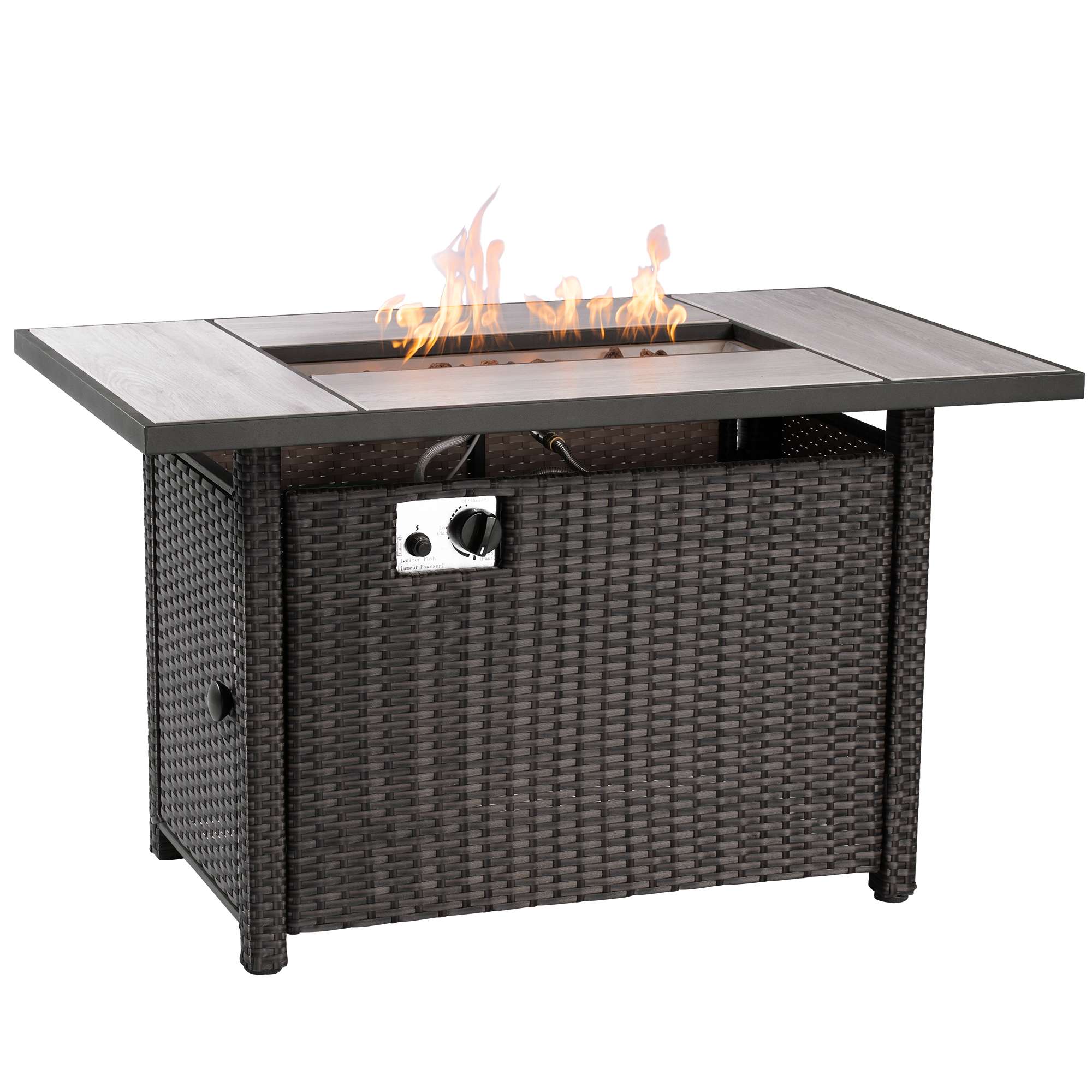 Ovios 42'' Rectangle Propane Fire Pit Table Brown wicker for Rimaru Series