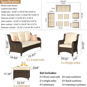 Ovios Outdoor Furniture 8-Piece with Cushions Kenard Curved Handrest