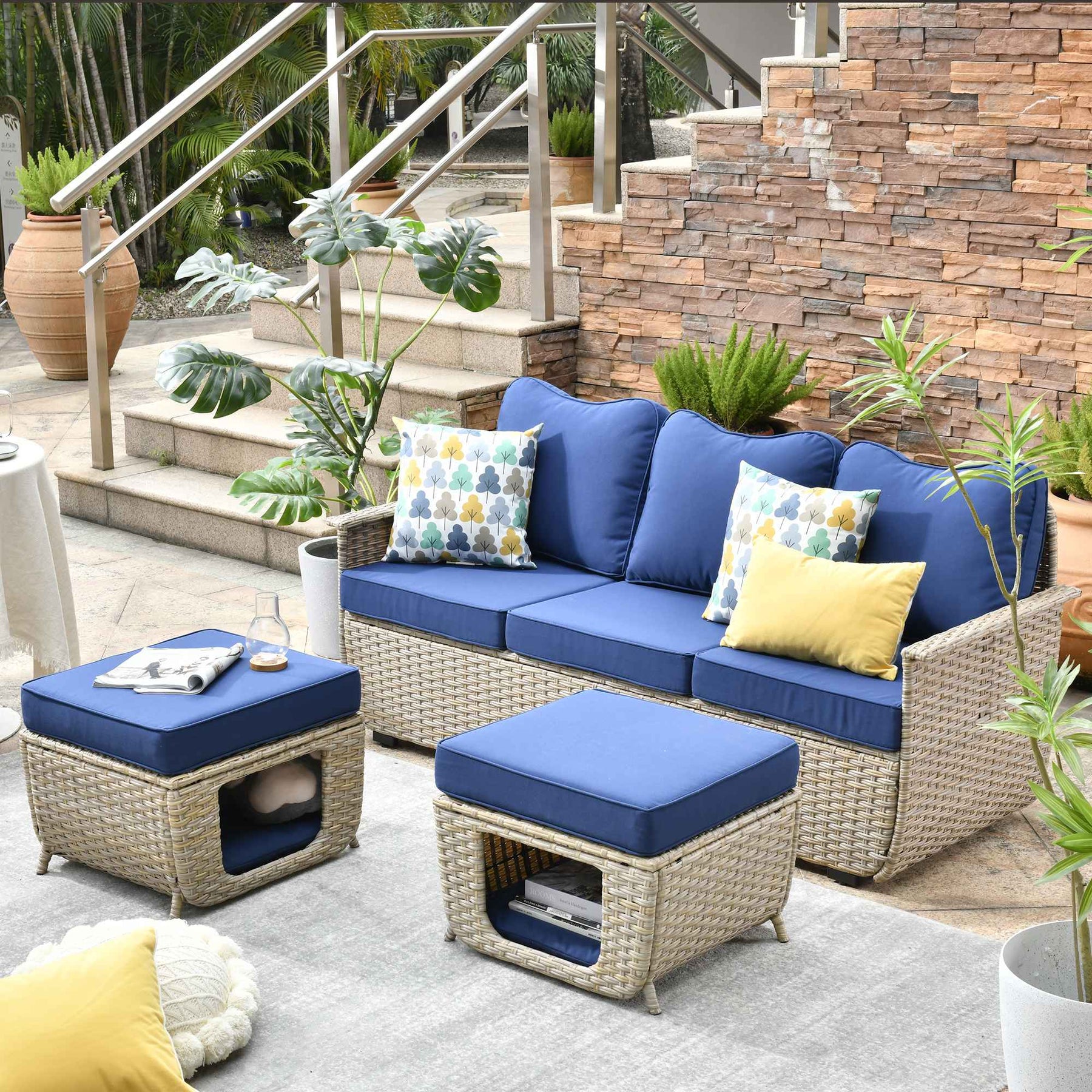 Ovios Outdoor Sofa Set 3 Pieces Beige Wicker Couch with Multifunctional Storage Ottomans