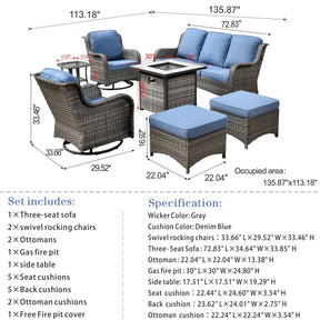 Ovios Outdoor Furniture 7-Piece with 30'' Fire Pit Table and Kenard 2 Rocking Chairs