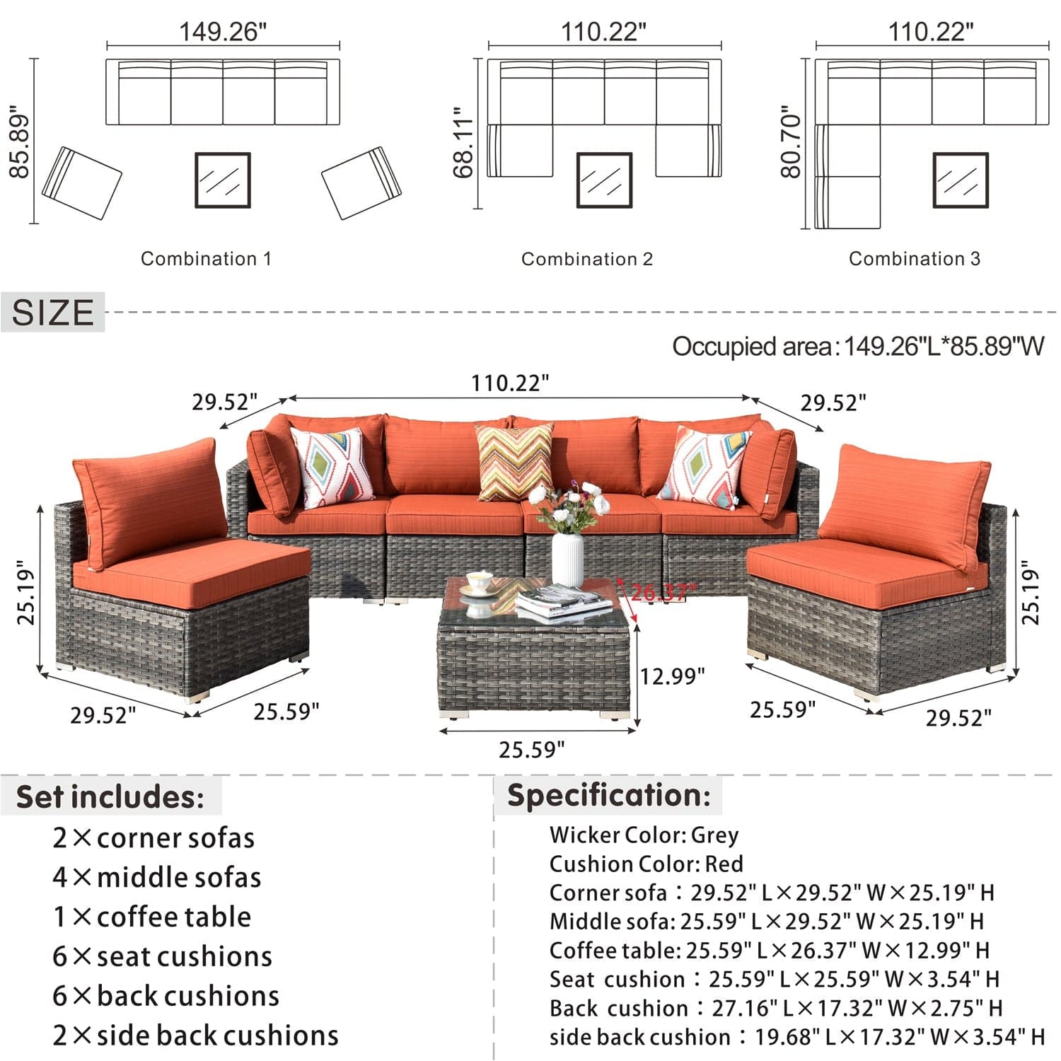 Ovios Outdoor Sectional Furniture 7-Piece with Cushions and Table