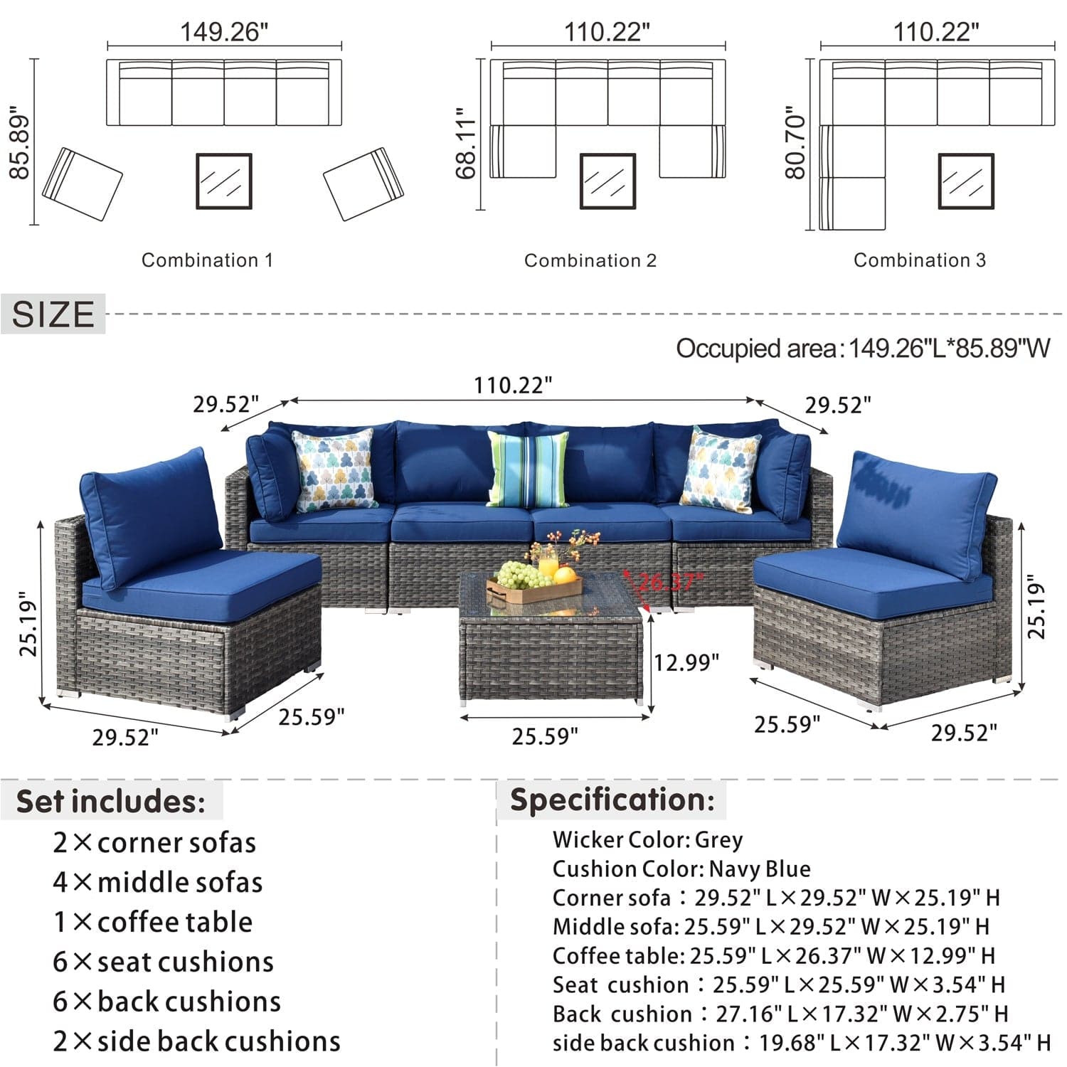 Ovios Outdoor Sectional Furniture 7-Piece with Cushions and Table