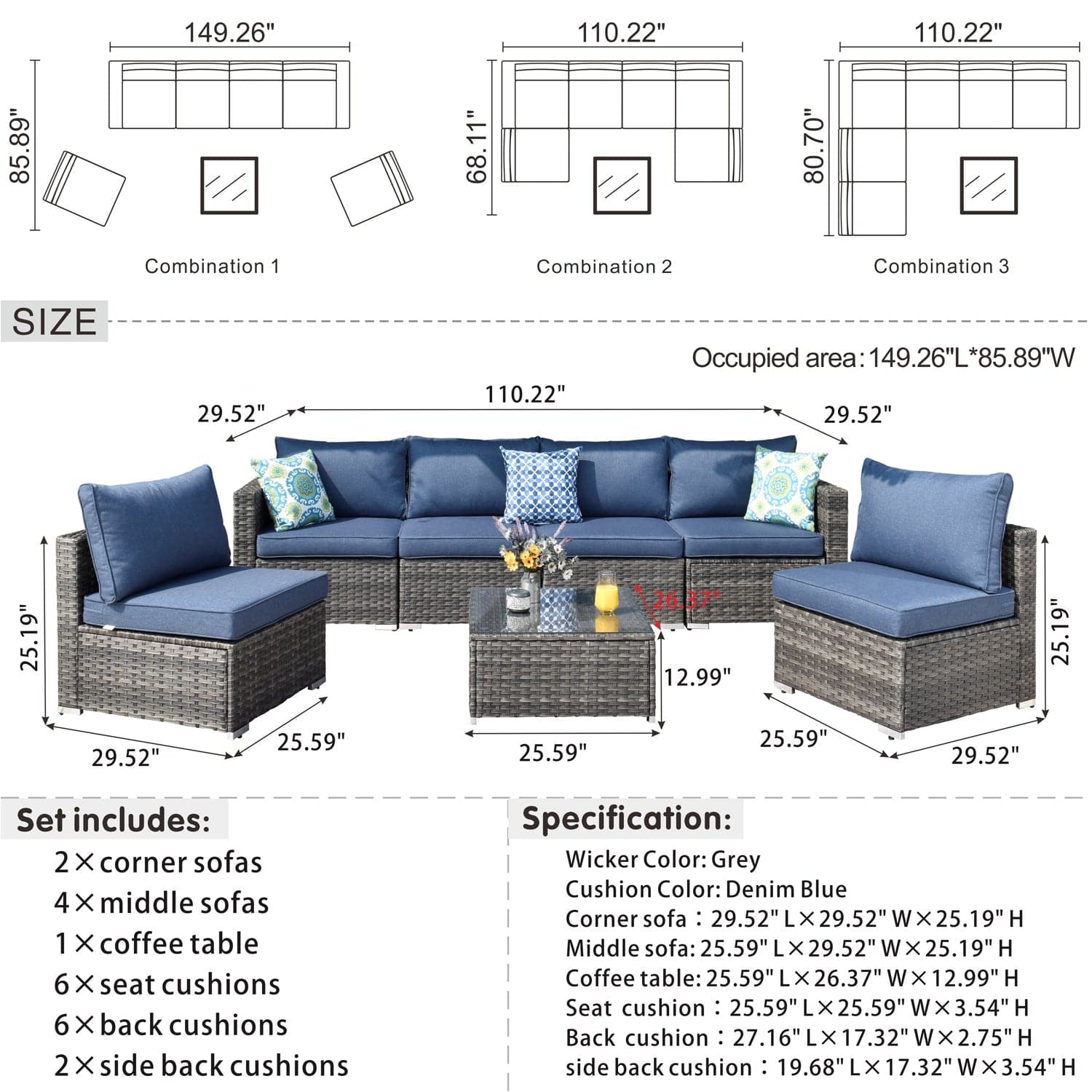 Ovios Outdoor Sectional Furniture 7-Piece with Cushions and Table