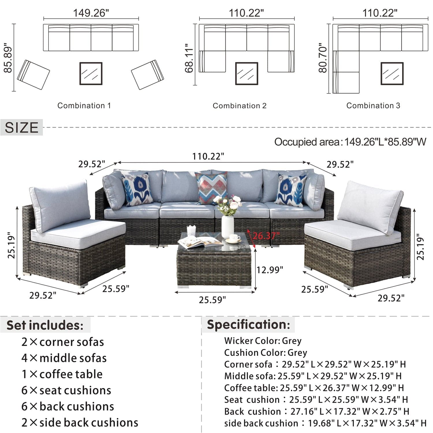 Ovios Outdoor Sectional Furniture 7-Piece with Cushions and Table