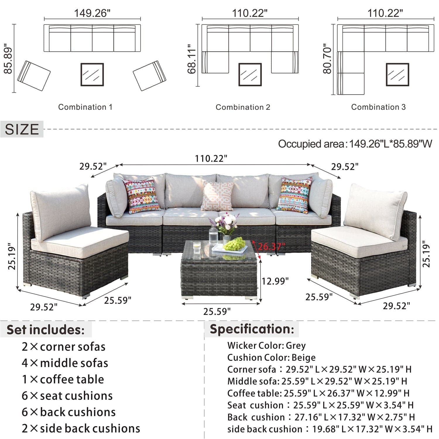 Ovios Outdoor Sectional Furniture 7-Piece with Cushions and Table