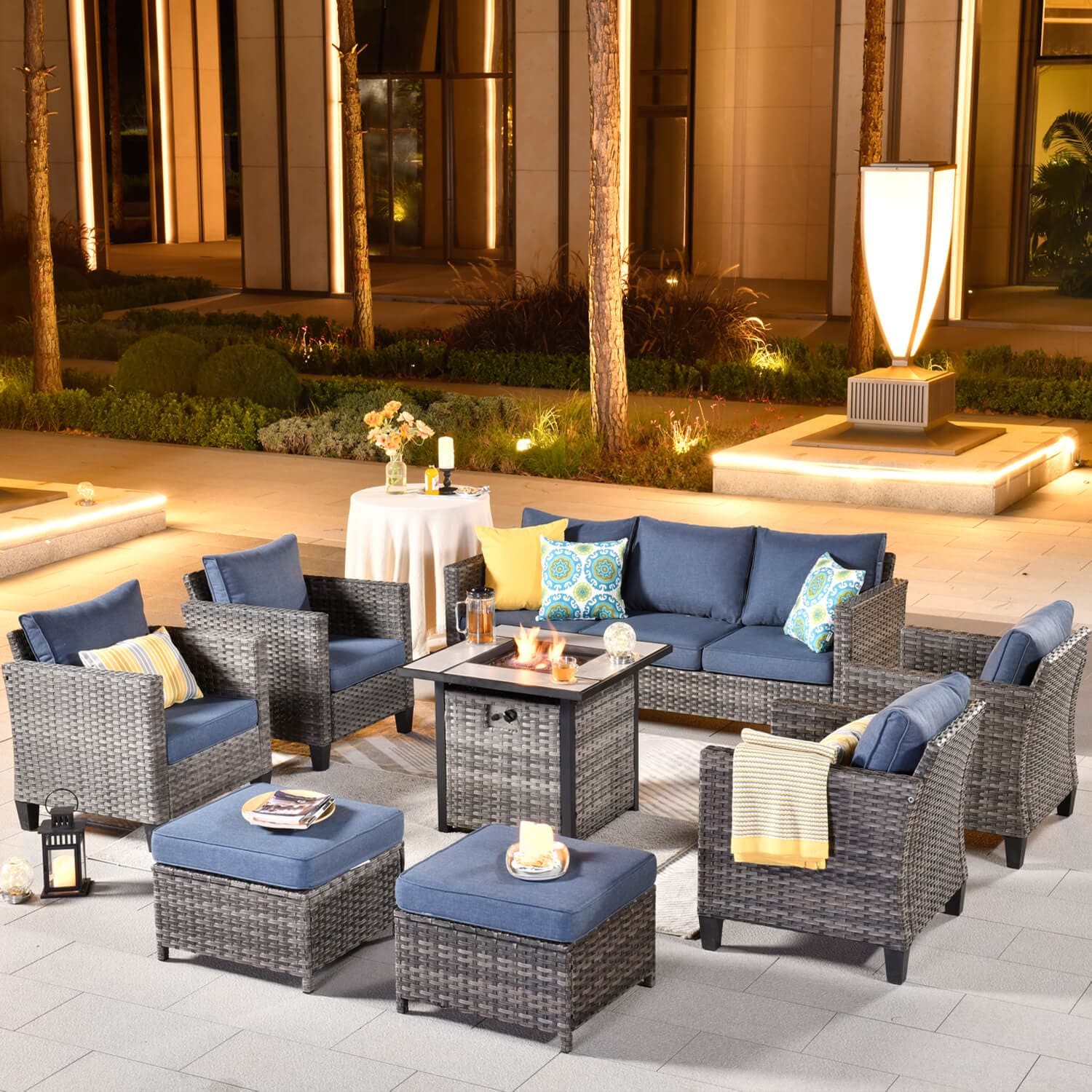 Ovios Patio Vultros 8-Piece Conversation Set with 30'' Propane Fire Pit Table