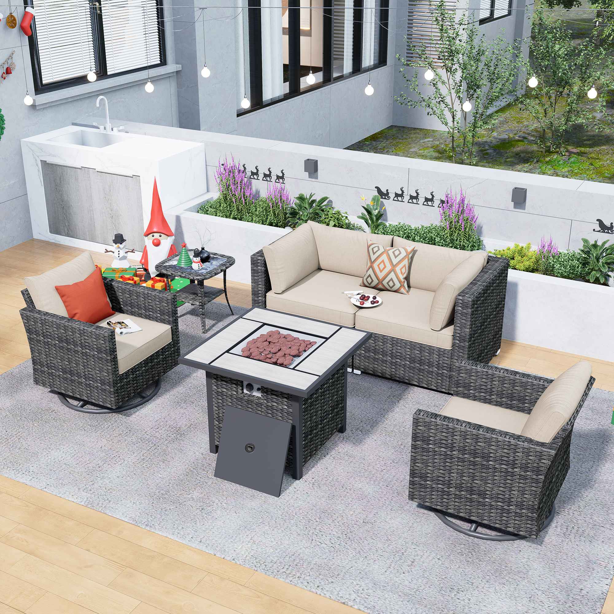 Ovios Outdoor Sectional Furniture 6-Piece with Rocking Chair and 30'' Fire Pit Table