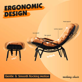 Ovios Rocking Chair Orange Leatherette with Ottoman, Metal Frame filled with Latex and Cotton
