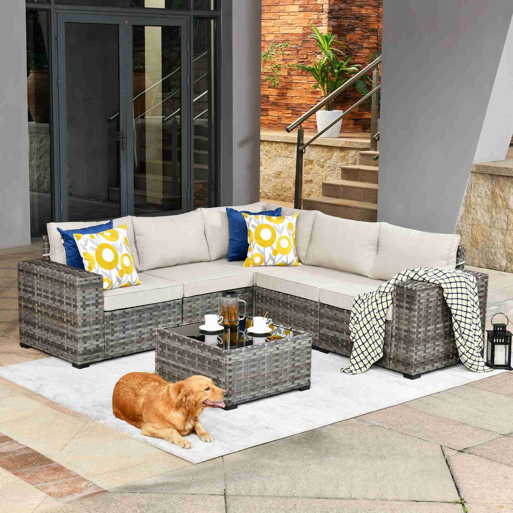 Ovios 6 Pieces Outdoor Sectional Sofa with 7.68'' Broad Handrails