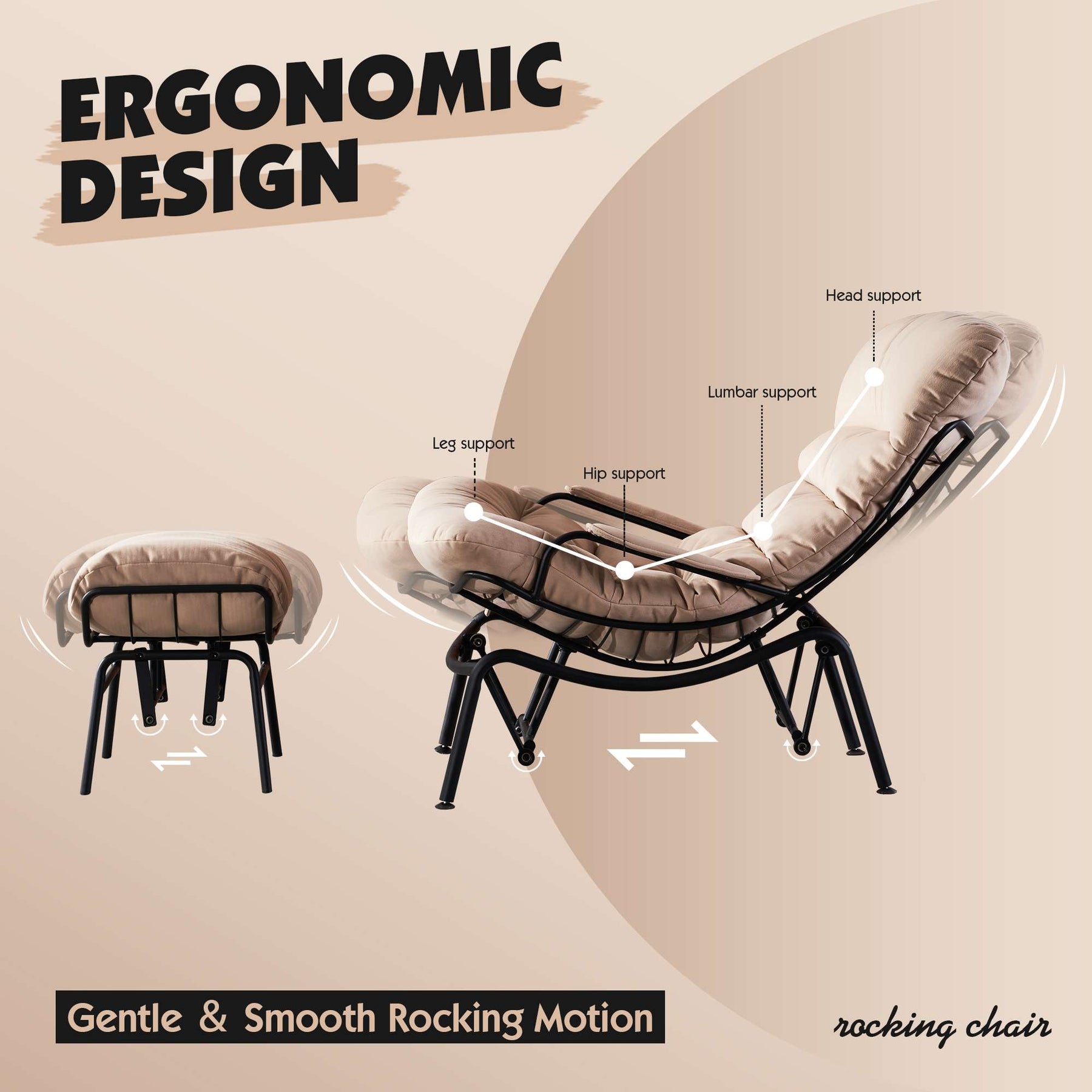Ovios Rocking Chair Flannelette with Ottoman, Metal Frame filled with Latex and Cotton