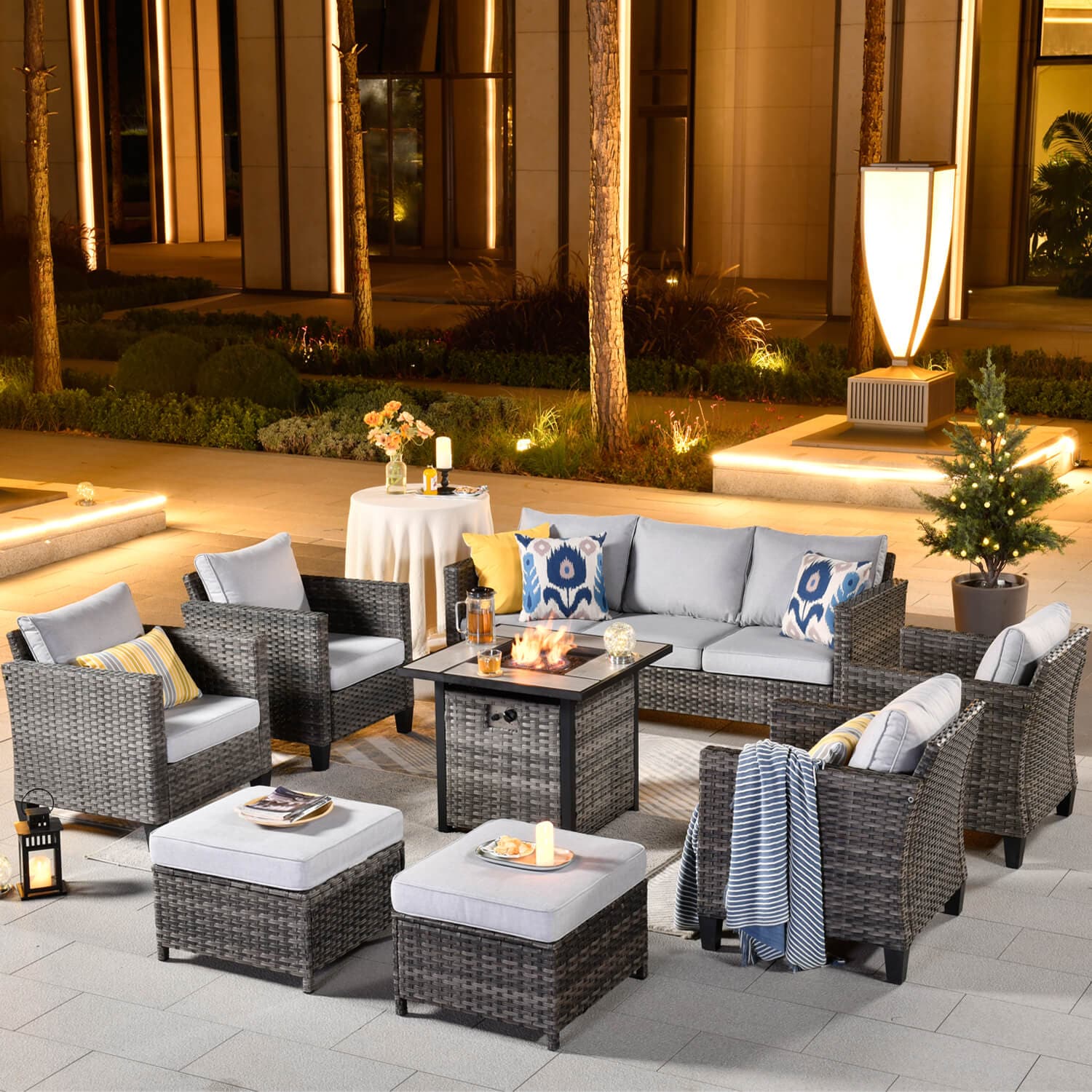 Ovios Patio Vultros 8-Piece Conversation Set with 30'' Propane Fire Pit Table
