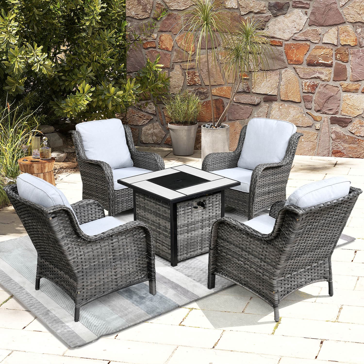 Ovios Outdoor Furniture 5-Piece with 30'' Fire Pit Table and Kenard Chairs