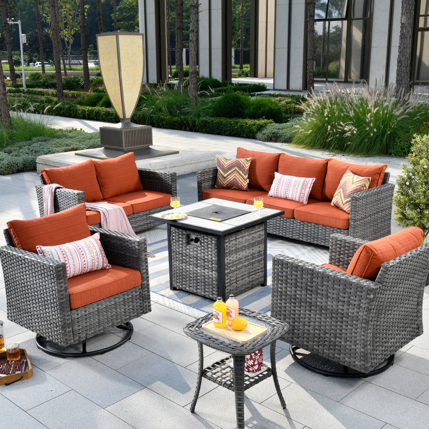 Ovios Patio Vultros 6-Piece Set With Swivel Chair Lover seat and 30'' Propane Fire Pit Table