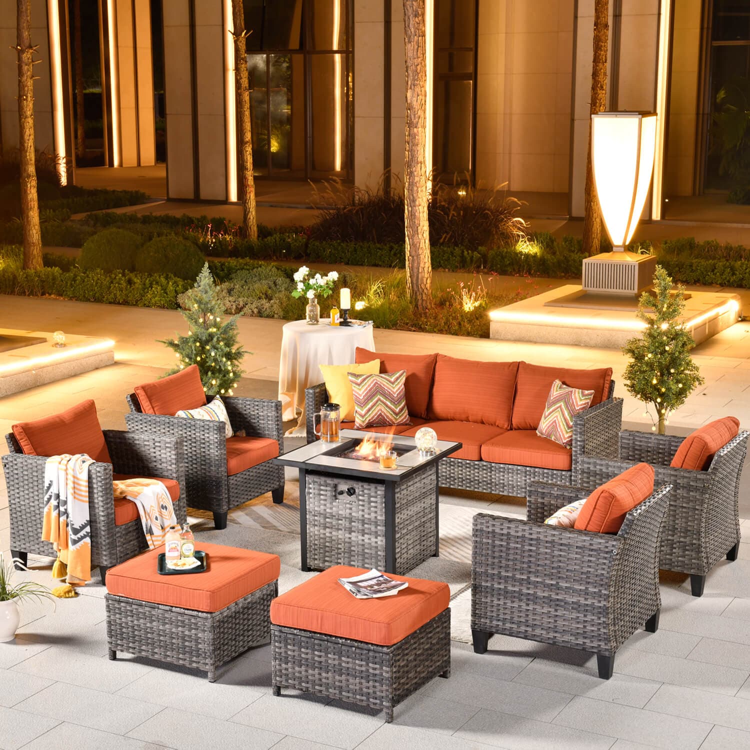 Ovios Patio Vultros 8-Piece Conversation Set with 30'' Propane Fire Pit Table