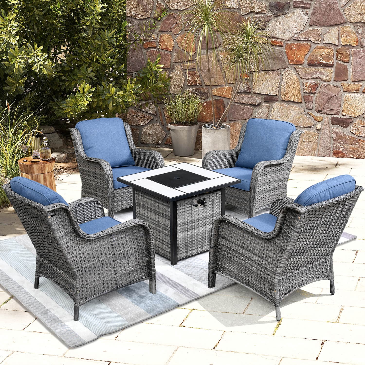 Ovios Outdoor Furniture 5-Piece with 30'' Fire Pit Table and Kenard Chairs