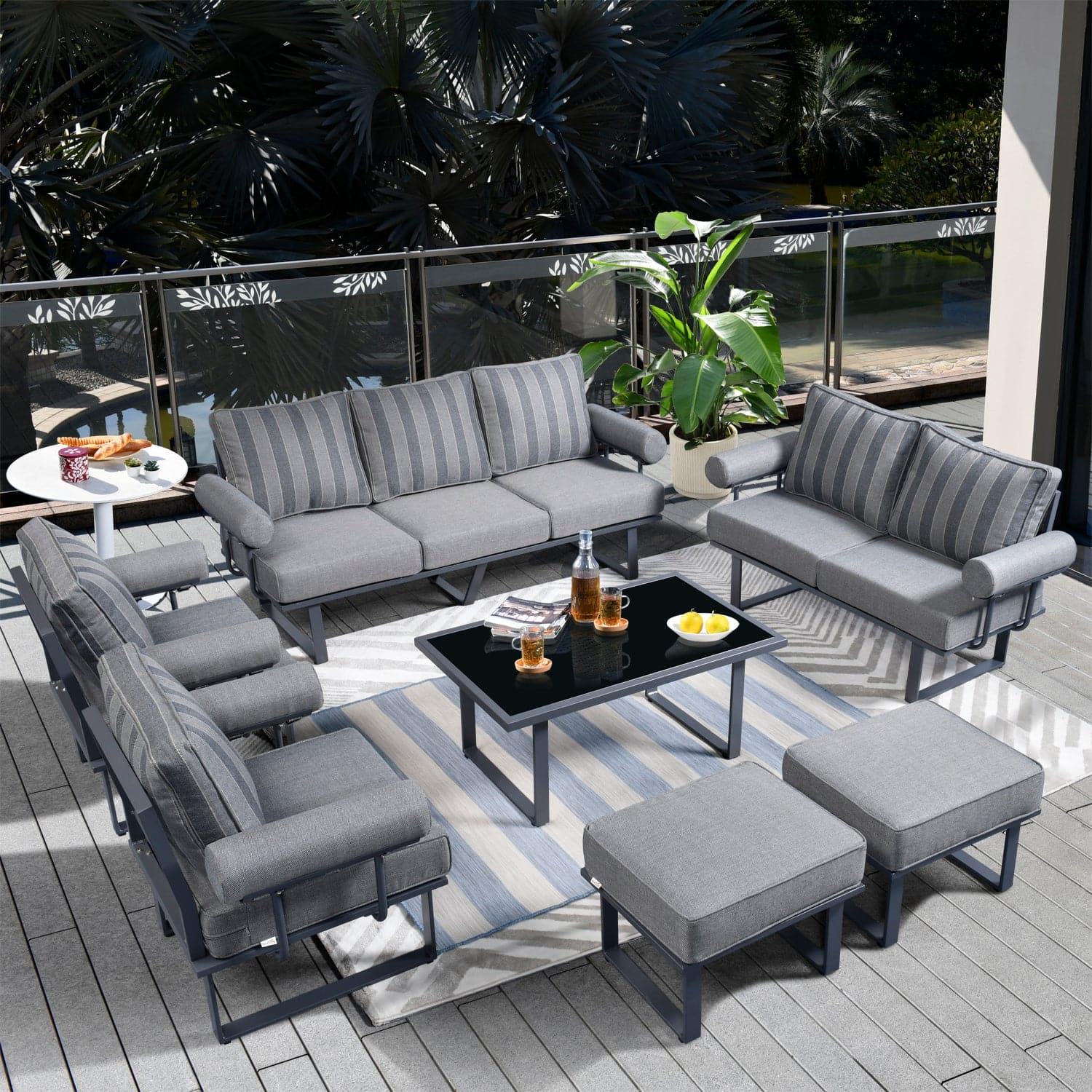 Ovios Outdoor Furniture 7 Piece with Table and 2 Ottomans, Aluminum Frame