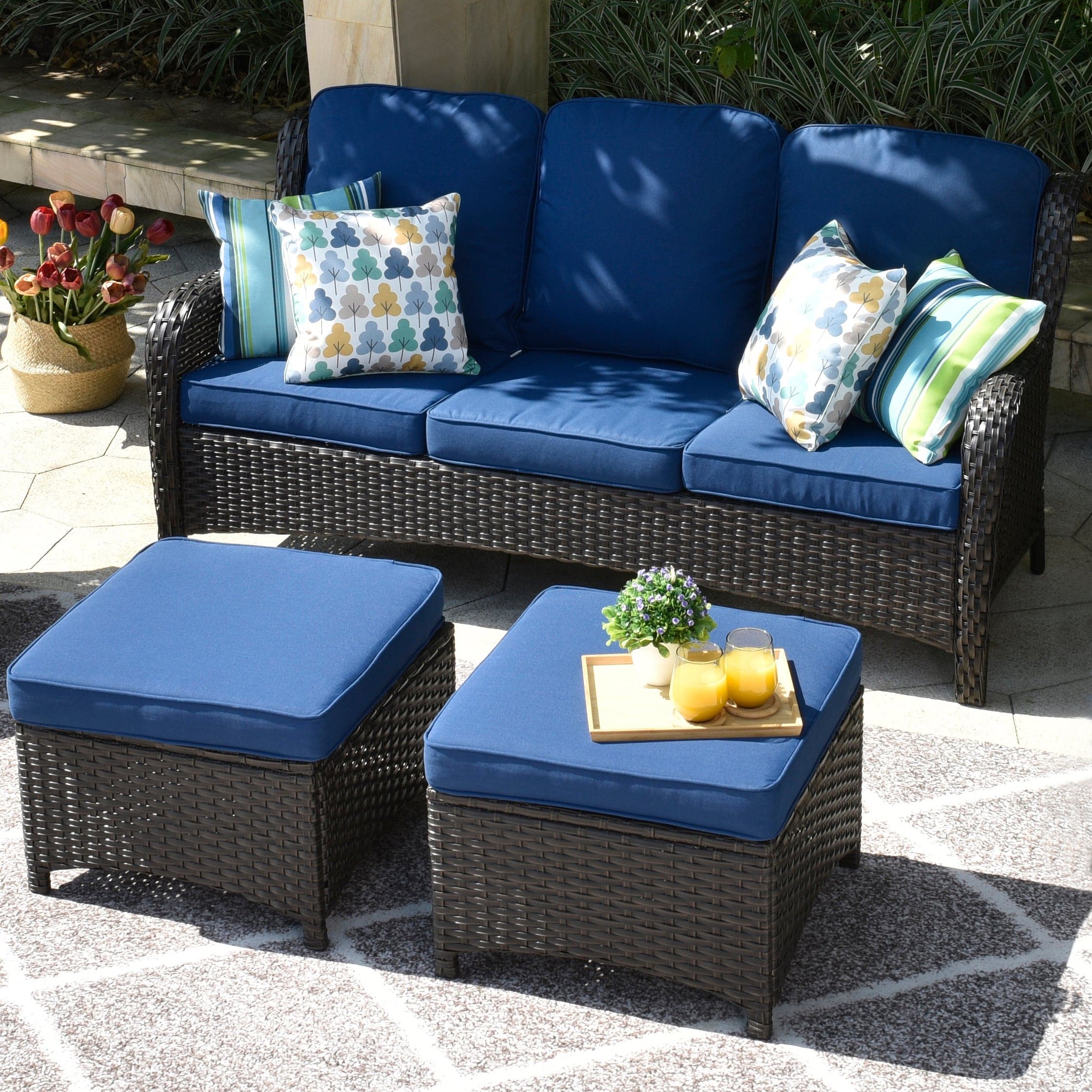 Ovios Outdoor Couch 3-Piece with Ottoman Kenard Curved Handrest