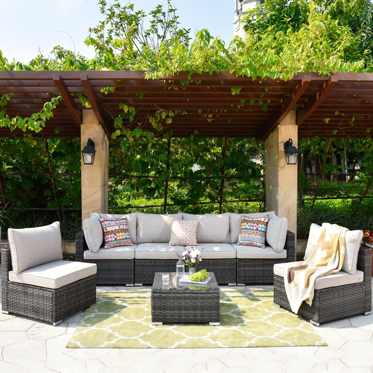 Ovios Outdoor Sectional Furniture 7-Piece with Cushions and Table