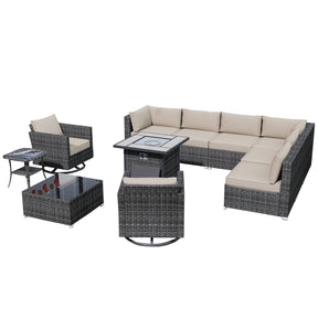 Ovios Outdoor Sectional Furniture 11-Piece with Rocking Chair and 30'' Fire Pit Table