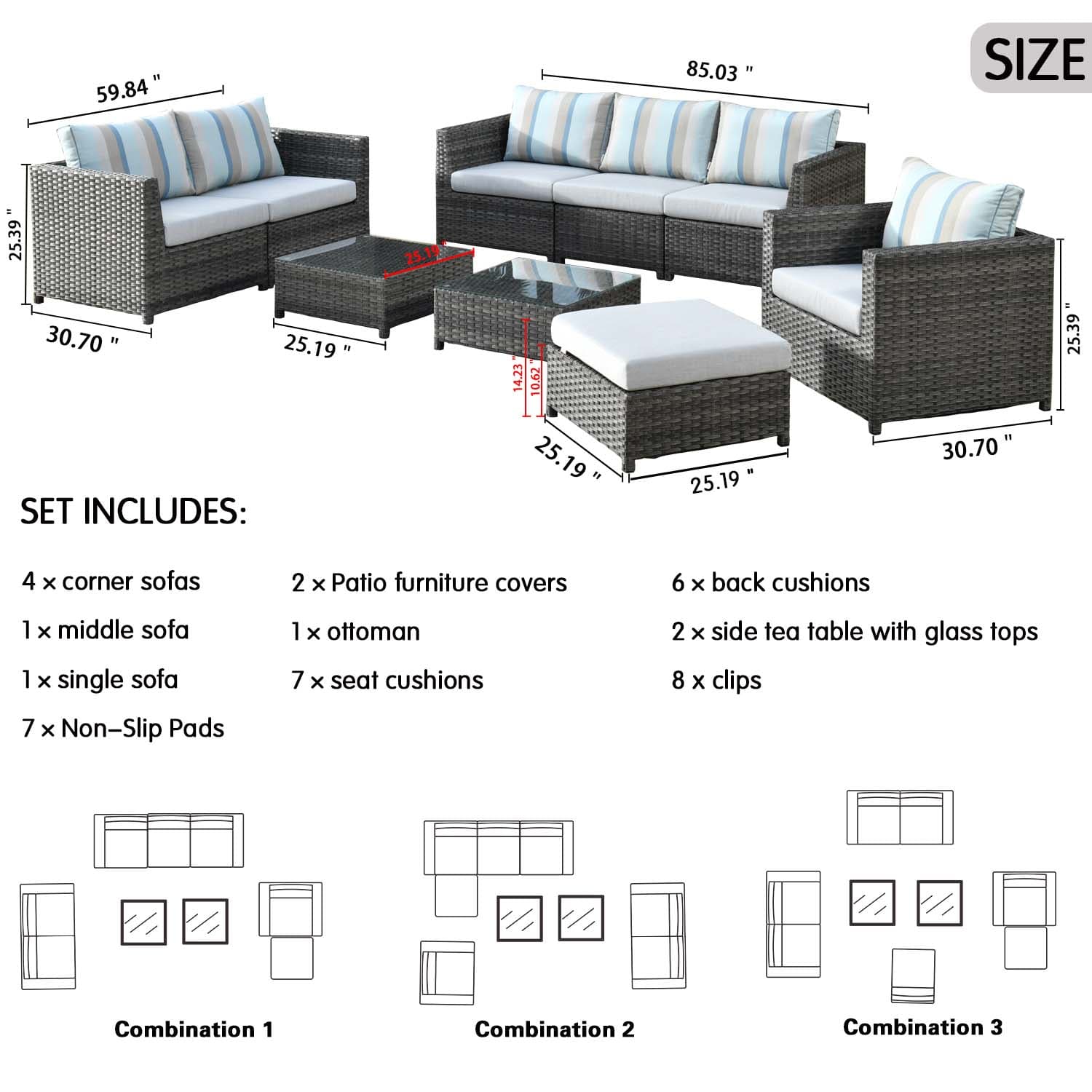 Ovios Patio Conversation 9-Piece Bigger Size Set with Grey Sunbrella, King Series, Fully Assembled