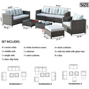 Ovios Patio Conversation 9-Piece Bigger Size Set with Grey Sunbrella, King Series, No Assembly Required