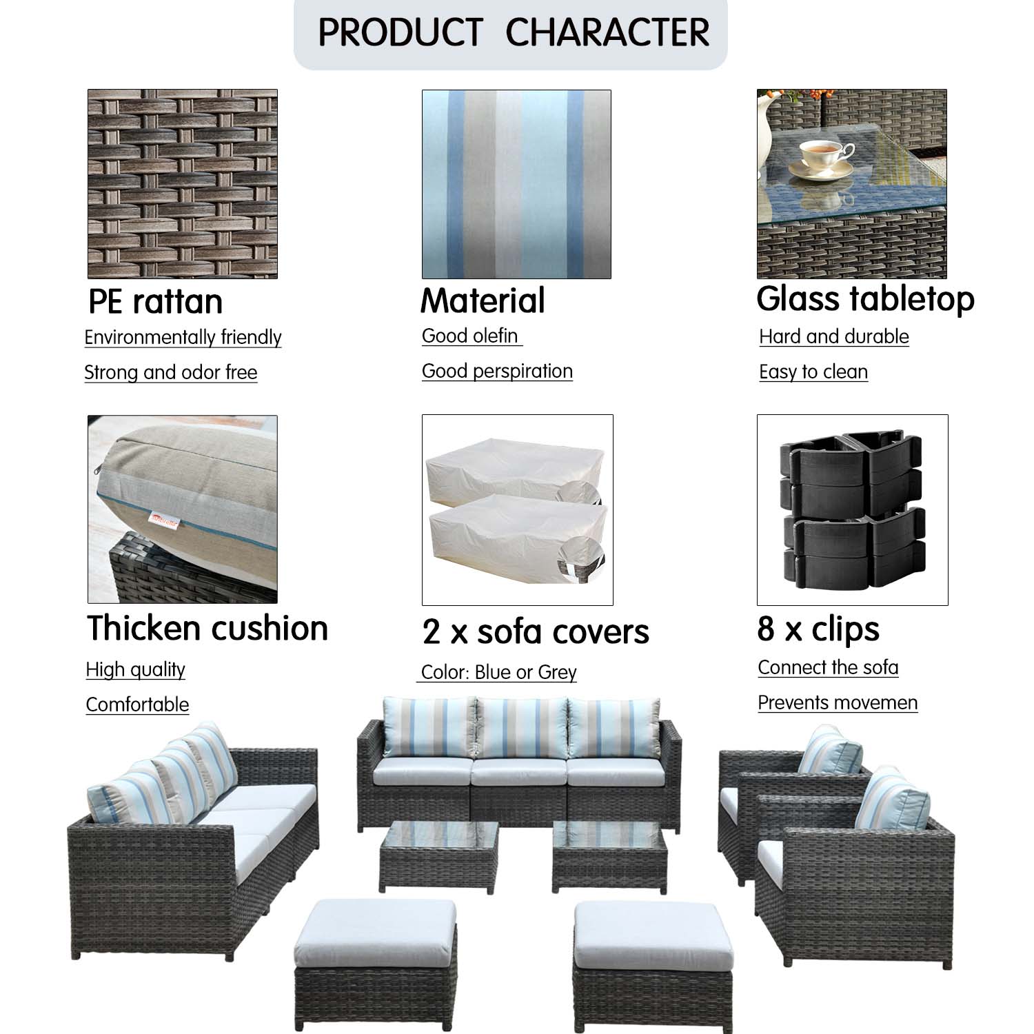 Ovios Patio Furniture Set Bigger Size 12-Piece with Grey Sunbrella, King Series, No Assembly Required