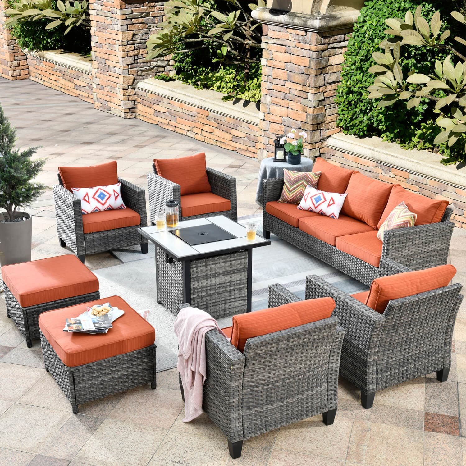 Ovios Patio Vultros 8-Piece Conversation Set with 30'' Propane Fire Pit Table