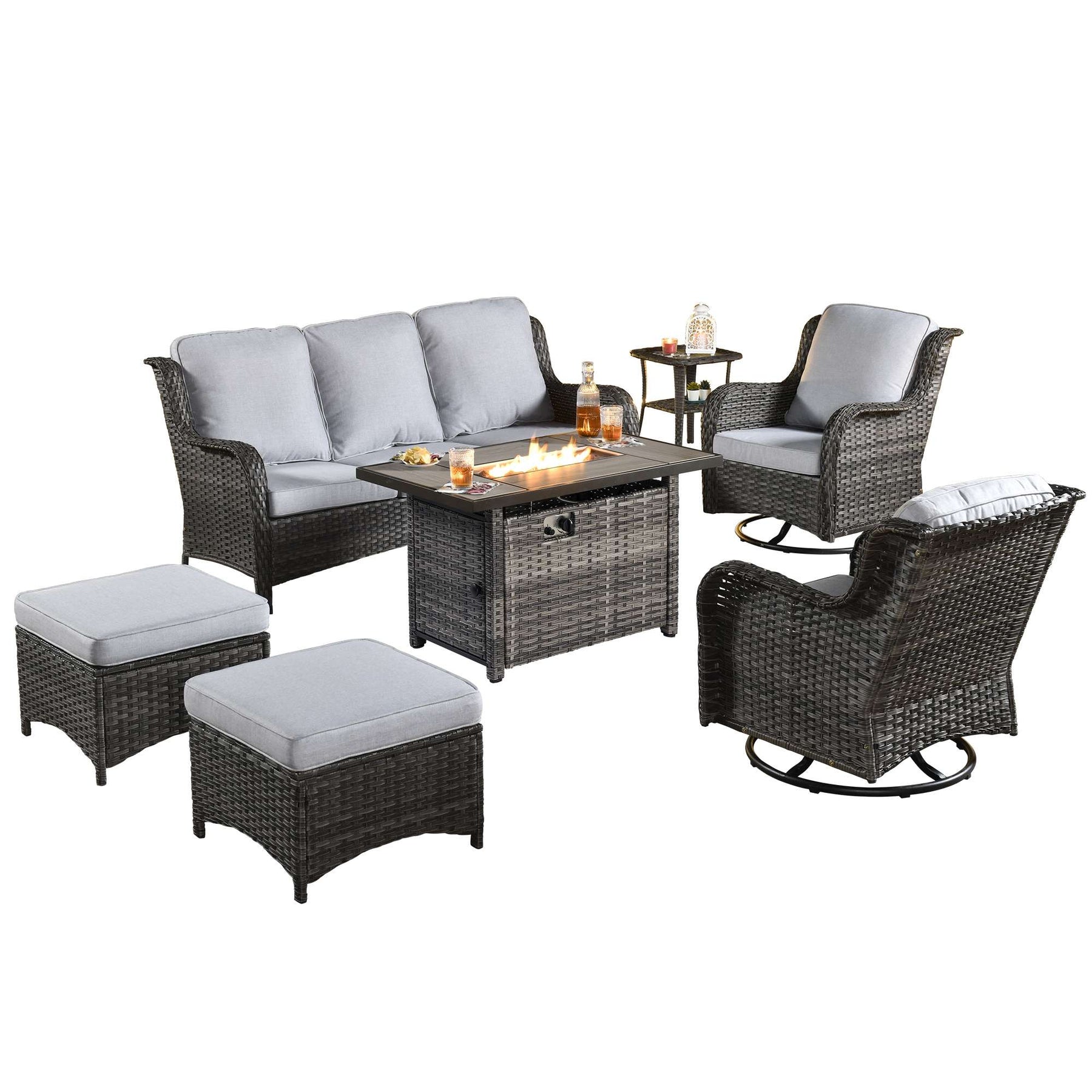 Ovios Patio 7-Piece Conversation Set with 42'' Rectangle Propane Fire Pit Table and Rocking Chairs Kenard