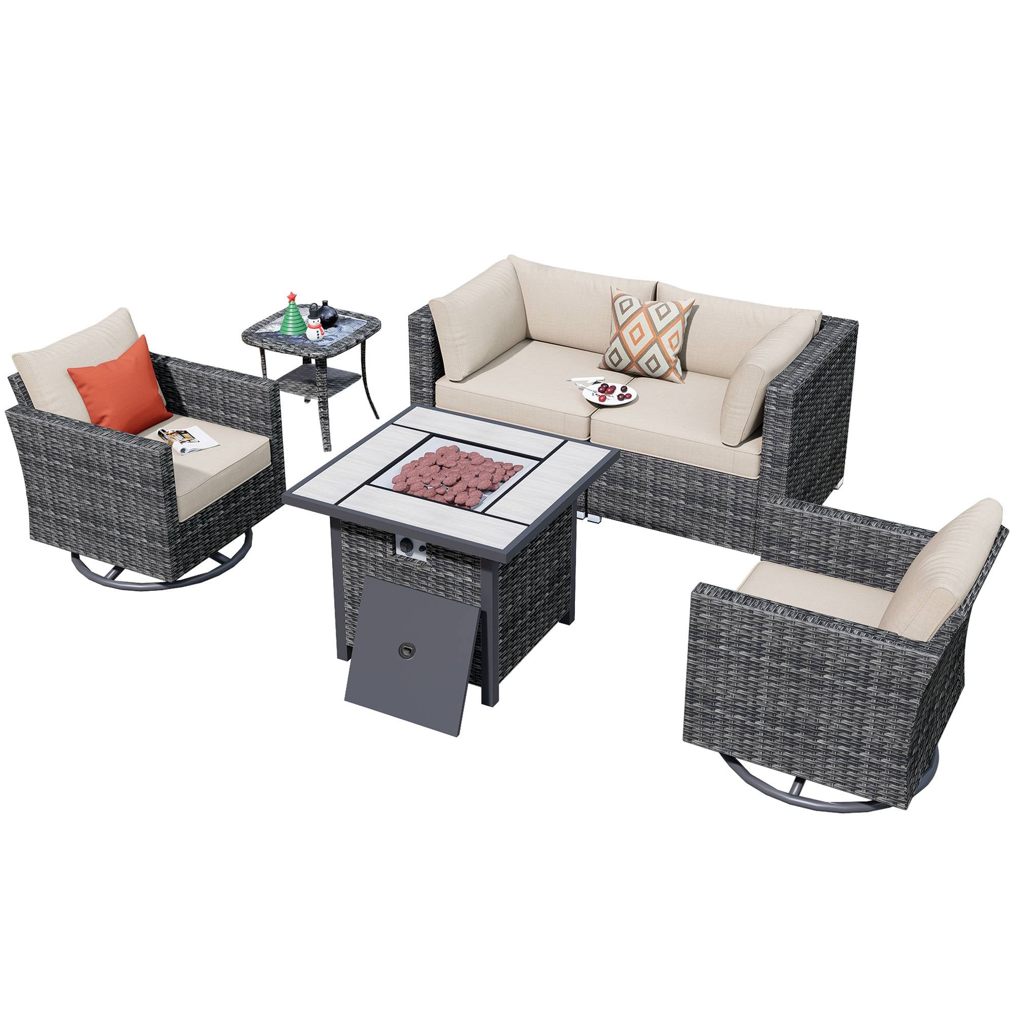 Ovios Outdoor Sectional Furniture 6-Piece with Rocking Chair and 30'' Fire Pit Table