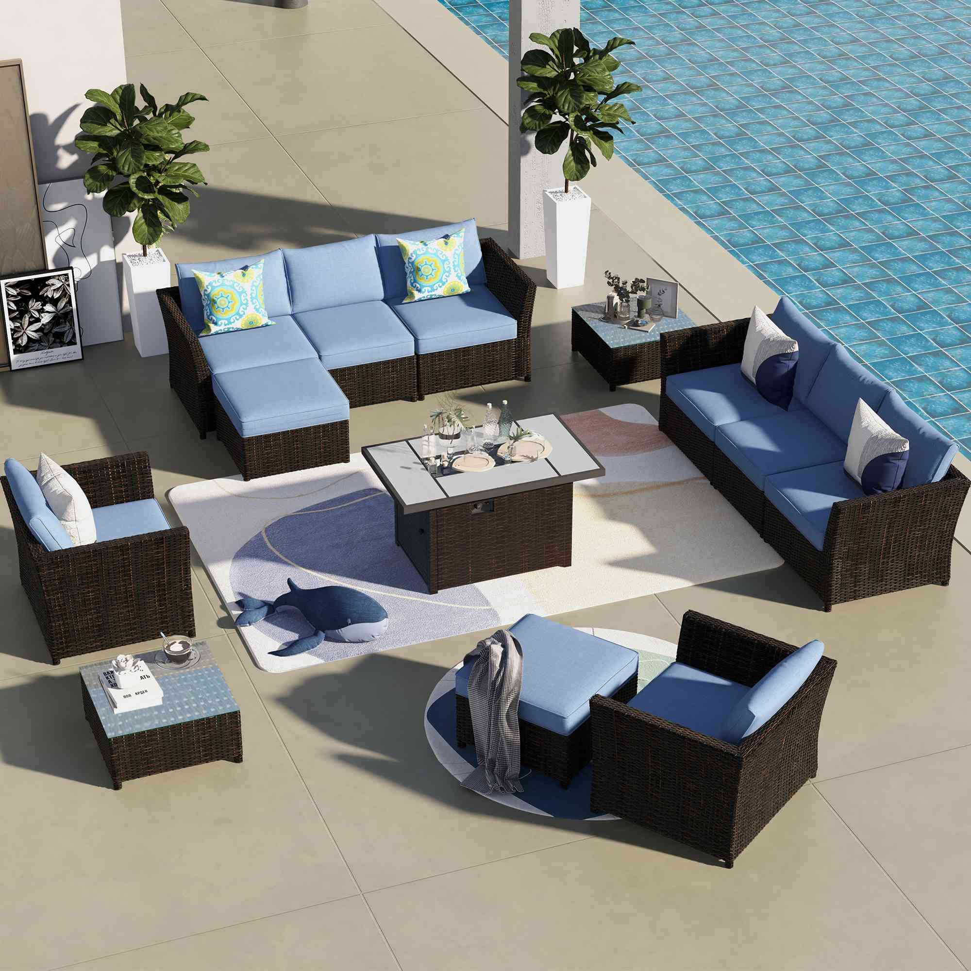 Ovios Patio Conversation Set Rimaru 13-Piece with 42'' Rectangle Propane Fire Pit Table,Partially Assembled