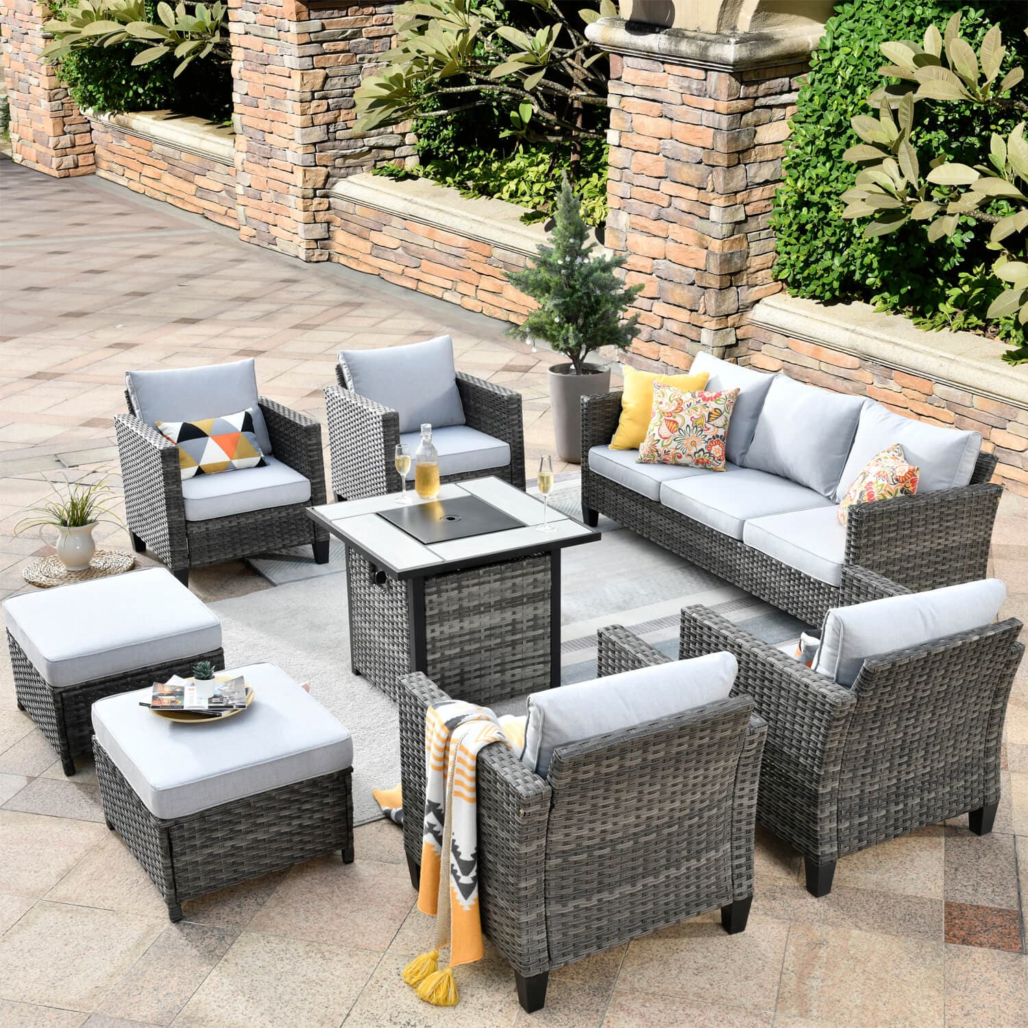 Ovios Patio Vultros 8-Piece Conversation Set with 30'' Propane Fire Pit Table