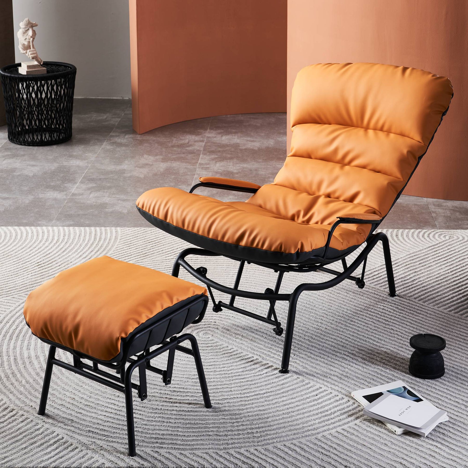 Ovios Rocking Chair Orange Leatherette with Ottoman, Metal Frame filled with Latex and Cotton