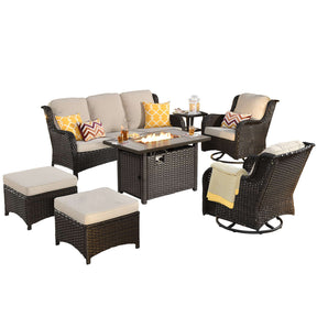 Ovios Patio 7-Piece Conversation Set with 42'' Rectangle Propane Fire Pit Table and Rocking Chairs Kenard
